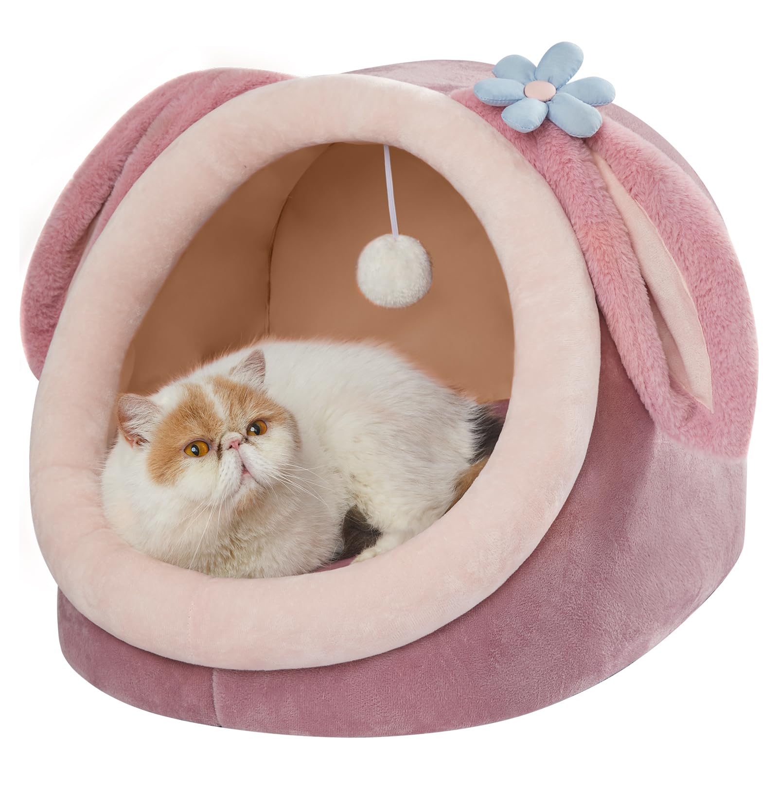 Jiupety Cute Cat Bed For Indoor Cats, Warm Soft Cave Fit For Many Cats And Puppy, Pink Rabbit, L