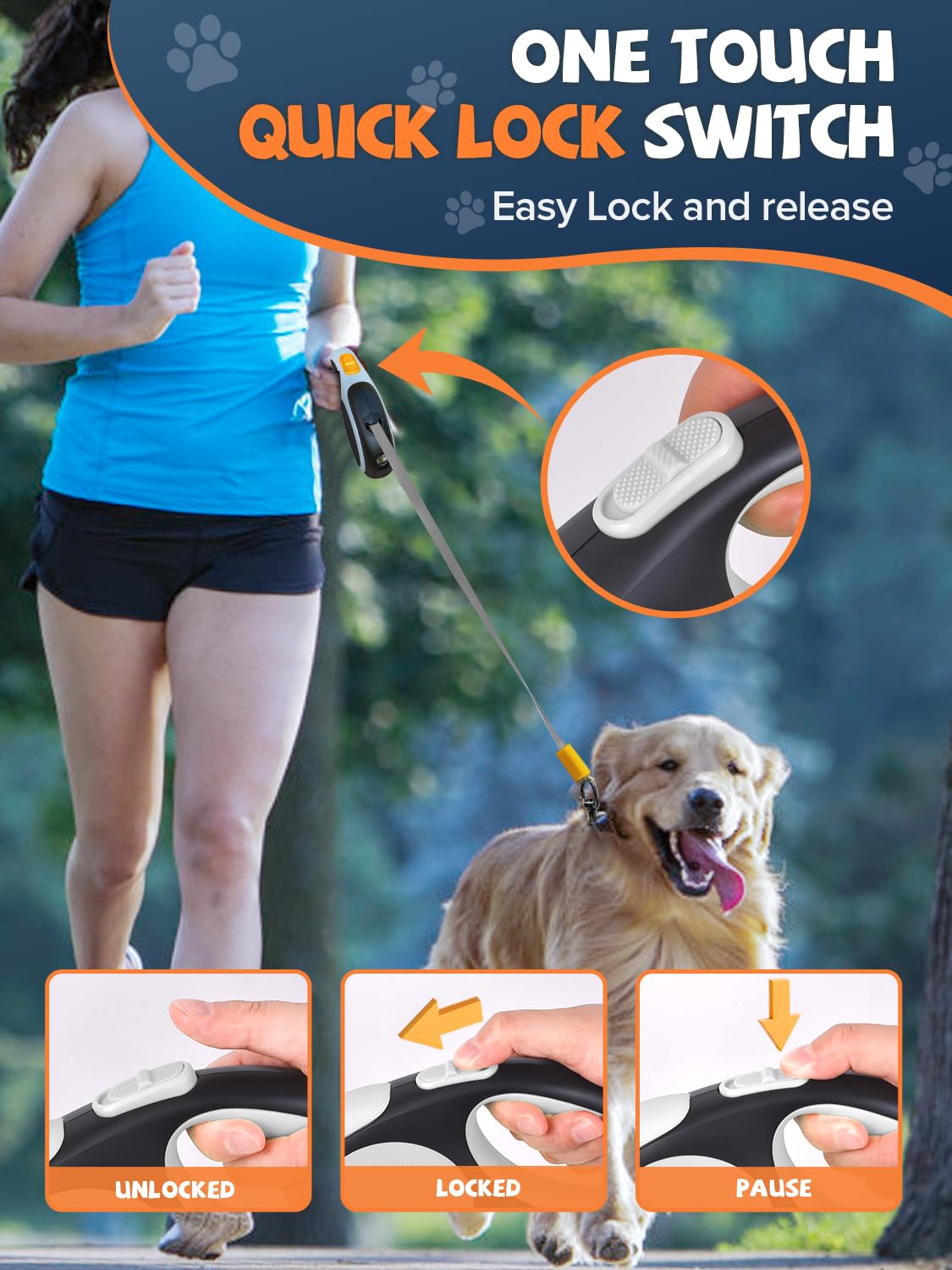 Douexio Retractable Dog Leash with LED Flashlight, 16ft/26ft, Anti-Slip Handle, for Small Medium Dogs, White, Model QY004