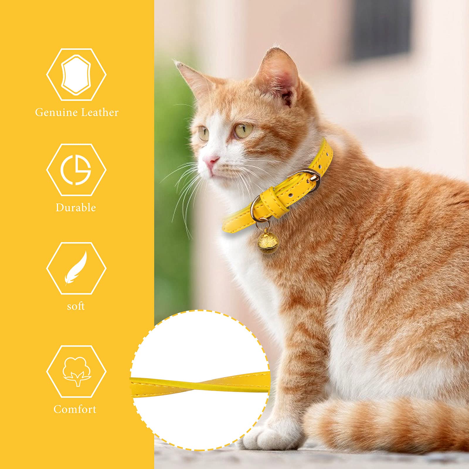 Jamktepat 3 Pack Leather Cat Collars With Bells Soft Pet Safety Collar Kitten Collars With Bell Orange Yellow Mint Green(S)