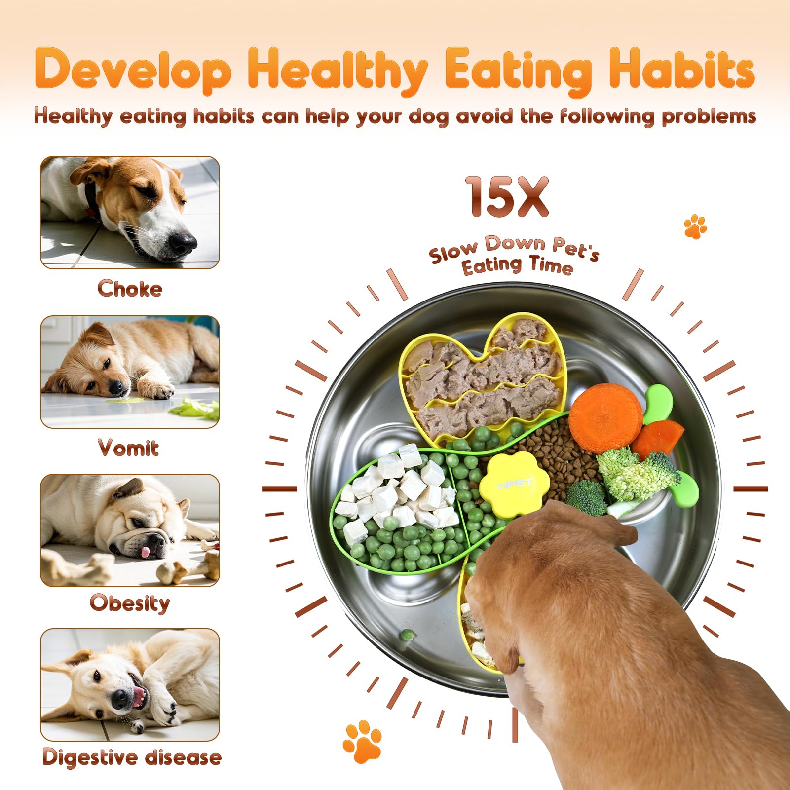 NPET Slow Feeder Dog Bowls for Large Dogs, Stainless Steel Pet Bowls Suitable for Dry, Wet, and Raw Food, Detachable Puzzle Toy