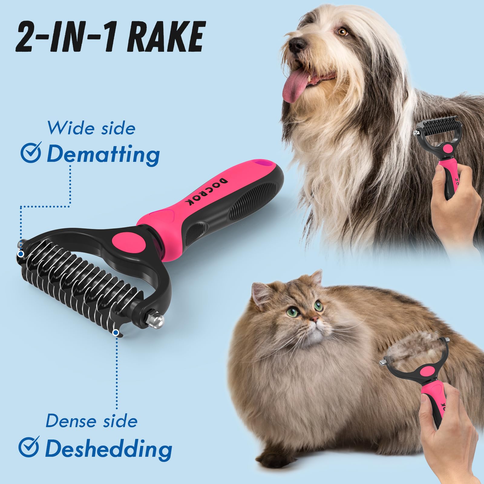 Docrok Pet Grooming Brush & Metal Comb Combo for Dogs & Cats, Pink Dematting Tool for Shedding & Undercoat Rake, Long Haired Pets