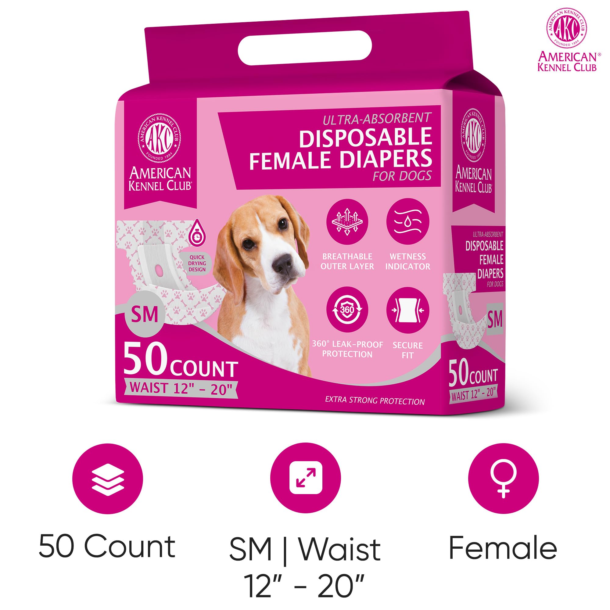 American Kennel Club Female Dog Wrap, Disposable Diapers With Wetness Indicator, Small, 50 Count
