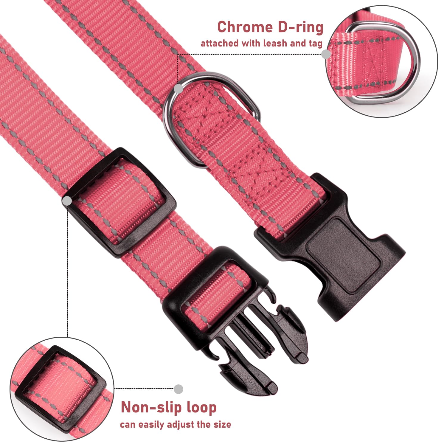 Reflective Dog Collar With Buckle Adjustable Safety Nylon Collars For Small Medium Large Dogs, Light Pink L