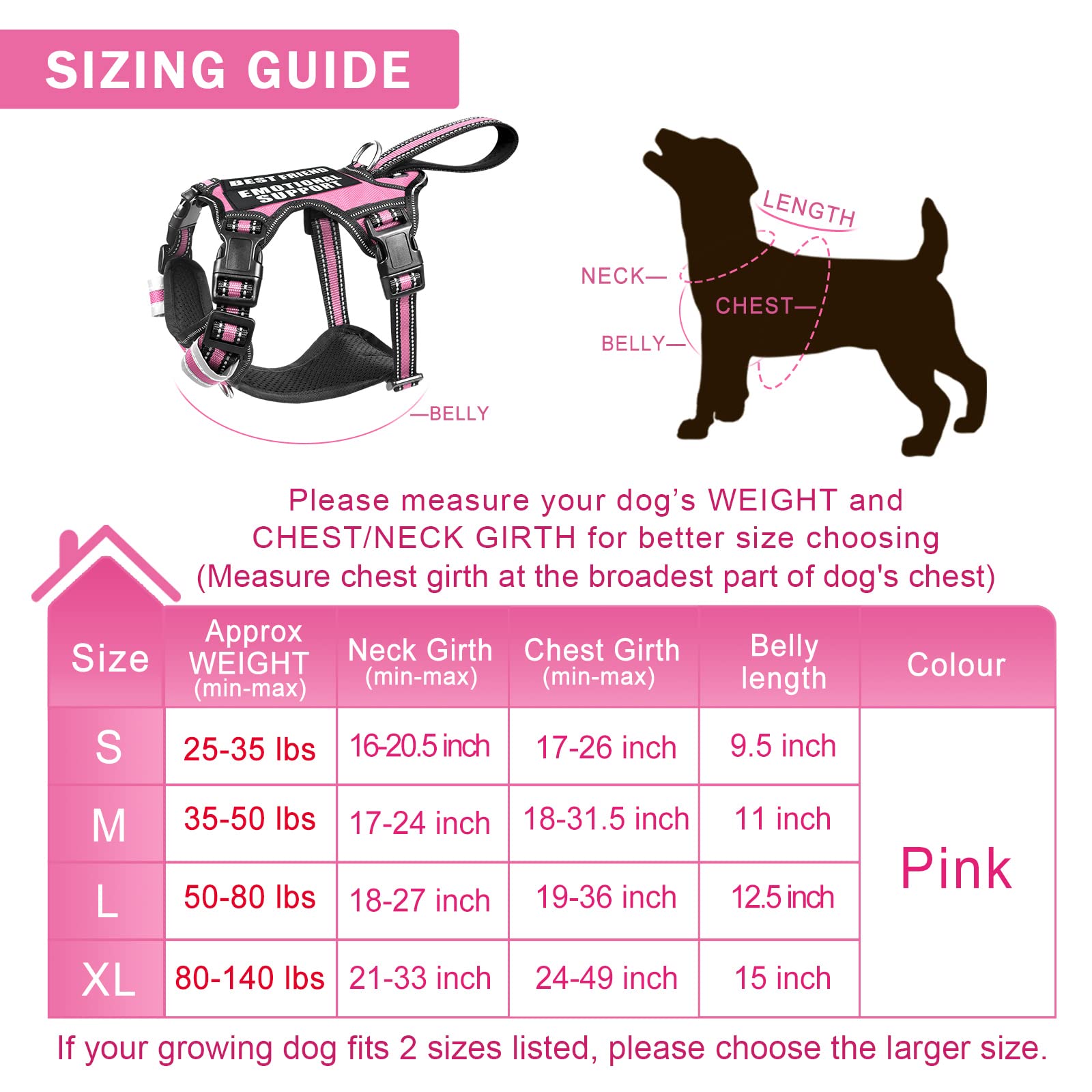 Winsee Service Dog Vest No Pull Dog Harness With 7 Dog Patches, Reflective Pet Harness With Durable Soft Padded Handle For Training Small, Medium, Large, And Extra-Large Dogs (Large, Pink)