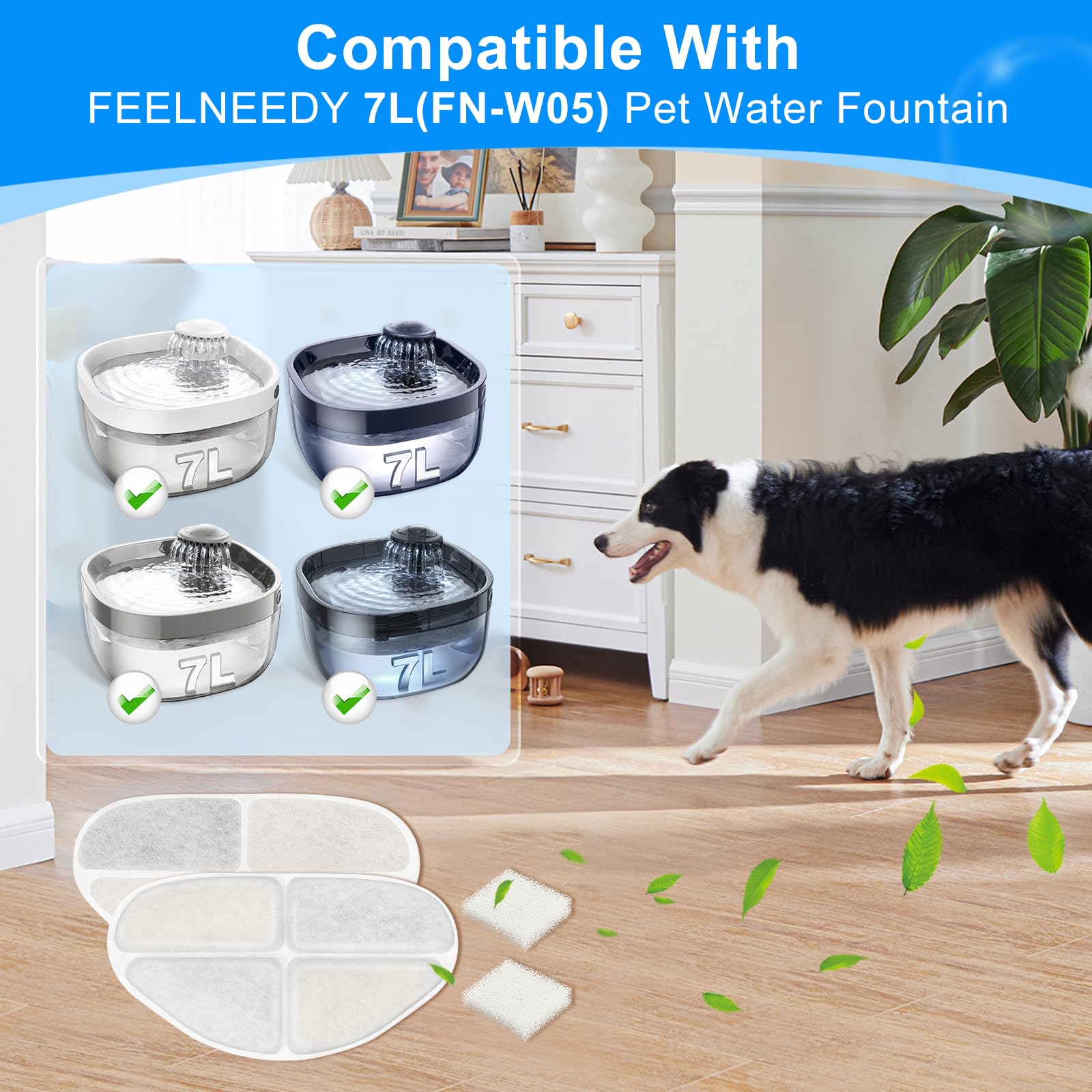 Cunina 8 Pack Of Filter & 8 Pump Sponges Dog Water Bowl Filter Compatible With Feelneedy 7L/1.8Gal Dog Water Fountain(Fn-W05), 8