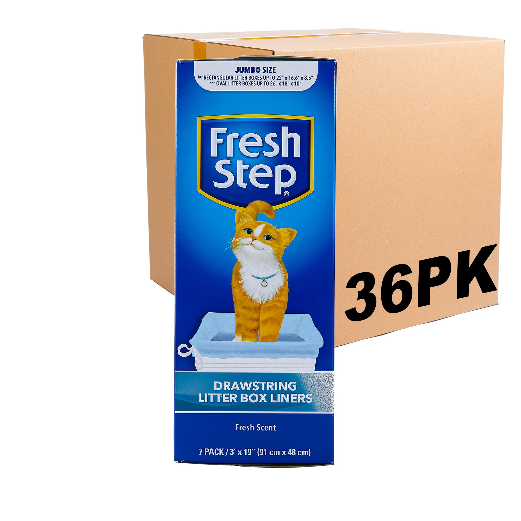 Fresh Step Drawstring Cat Litter Box Liners, Scented, Jumbo Size, 36' X 19' - 7 Count Per Box, 36 Boxes, Kitty Litter Bags, Cat Litter Liners For All Cats To Keep Your Home Clean