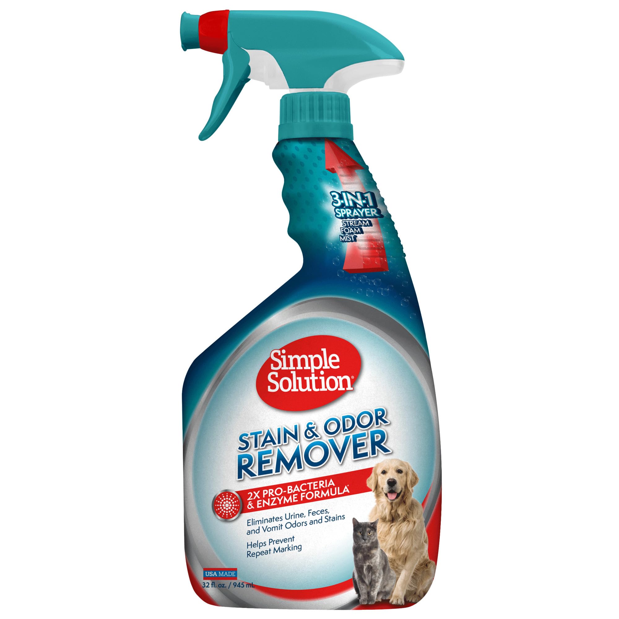 Simple Solution Stain And Odor Eliminator Spray For Dogs & Cats, Enzyme Cleaner With 2X Pro-Bacteria Cleaning Power, Strong Smell Remover For Carpets, Upholstery & Floors, 32 Oz