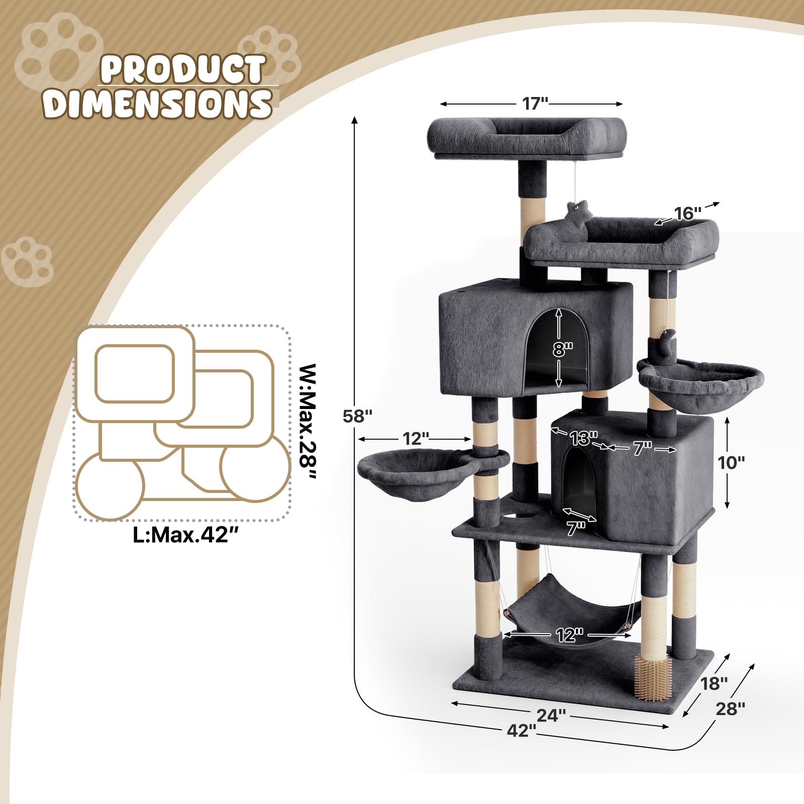 Magshion 58'' Cat Tree Tower With Toy, Multi-Level Cat Condo With Scratching Posts, 2 Top Perches, Hammock, And Dangling Ball, C