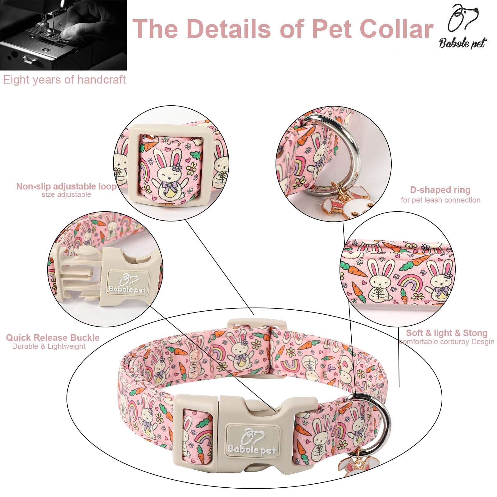 Babole Pet Easter Dog Collar for Large Dogs - Design Cute Pink Easter Bunny Dog Collars Boy Girl Puppy Adjustable Quick Release