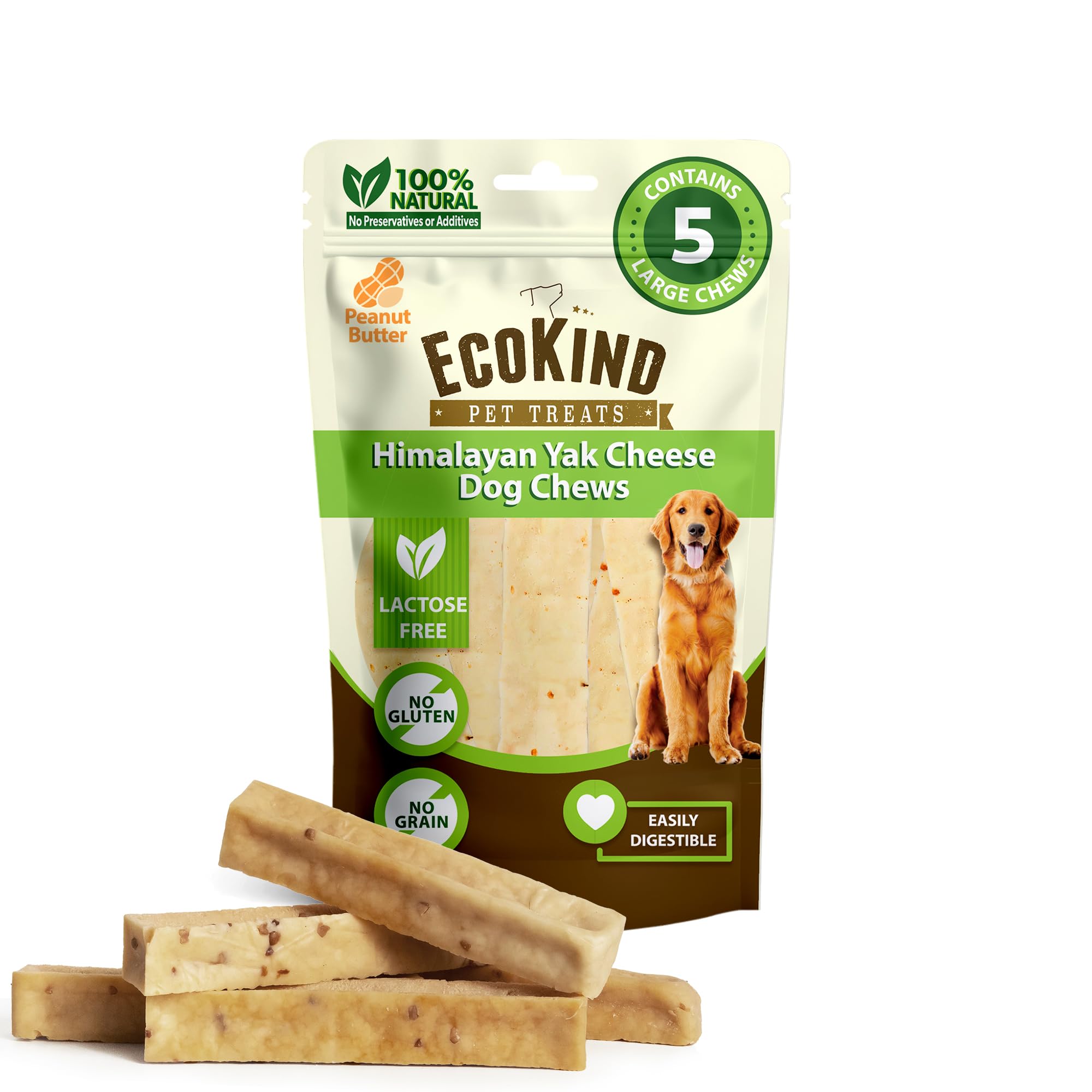 EcoKind Premium Gold Yak Cheese Himalayan Dog Chews, Dog Treats Large Breed, All Natural, High Protein Dog Chew, Peanut Butter, 