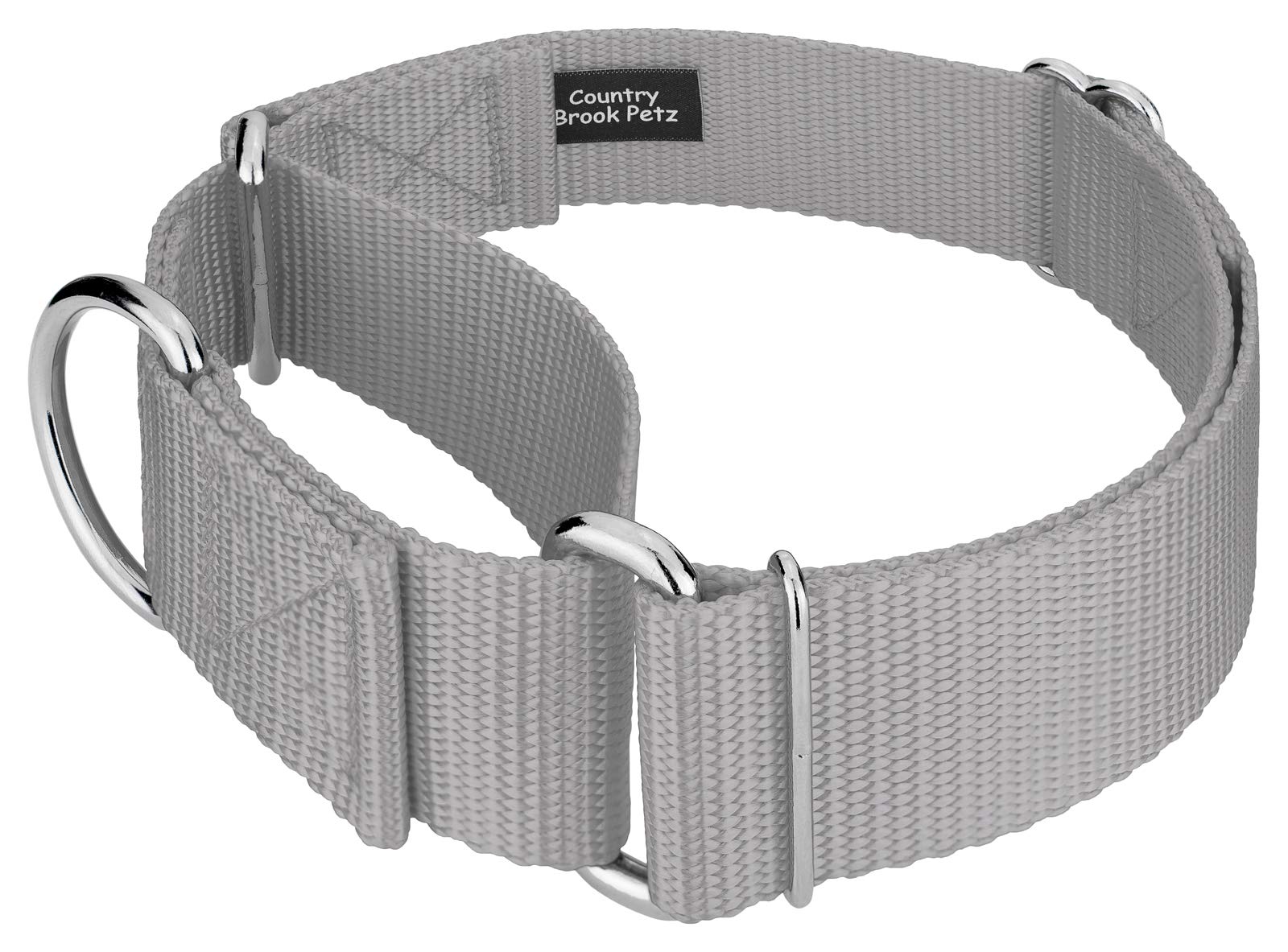 Country Brook Petz - Vibrant 15 Color Selection - Martingale Heavyduty Nylon Dog Collar (Large, 1 1/2 Inch Wide, Silver)
