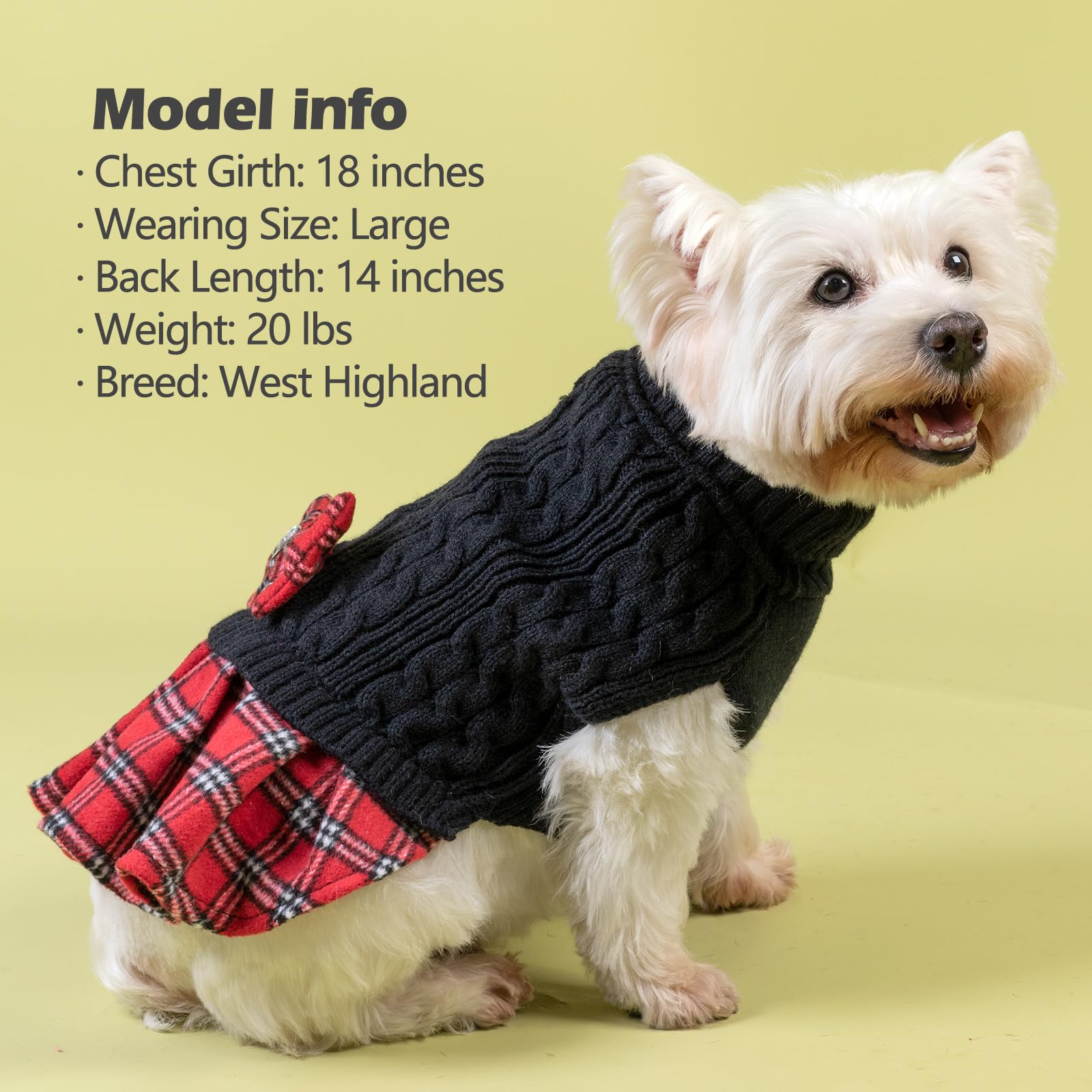 Kyeese Dog Sweater Dress With Leash Hole Bowtie Checkered Turtleneck Dog Sweaters For Small Dogs Warm Pet Sweater Black