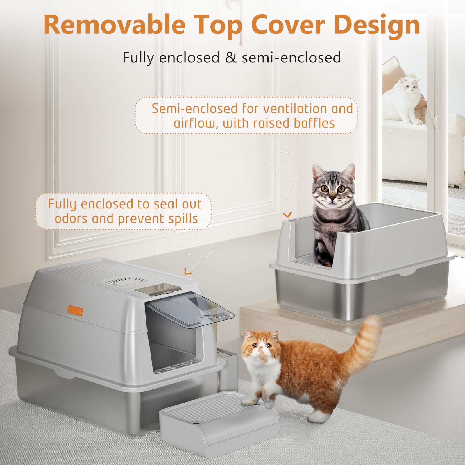 Stainless Steel Cat Litter Box With Lid, Xl Extra Large Litter Box For Big Cats, Enclosed Removable Metal Litter Boxs With High