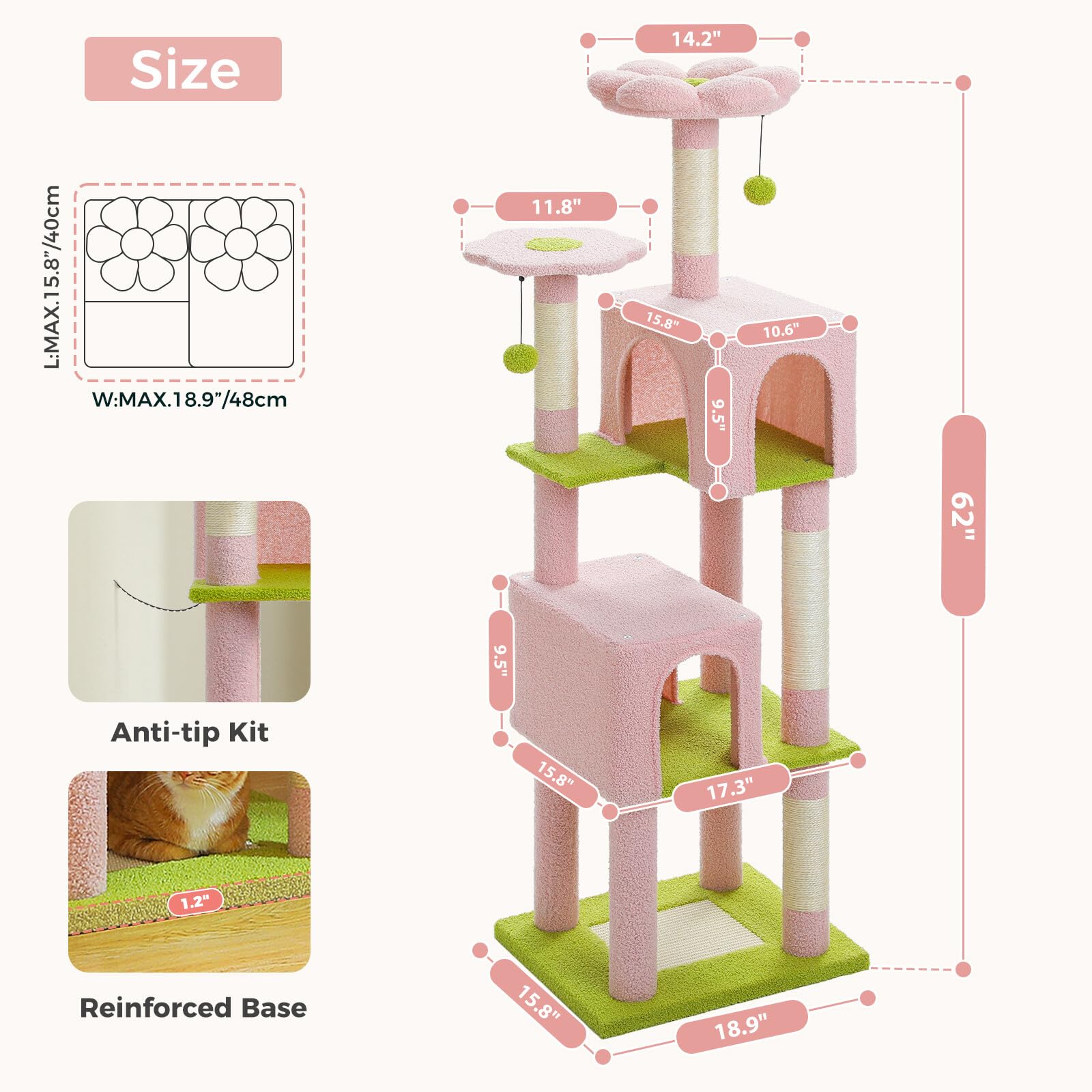Uymi Flower Cat Tree For Indoor Cats, 62'' Multi-Level Cat Tower With 2 Spacious Condos, Scratching Pad, 4 Cat Scratching Posts,