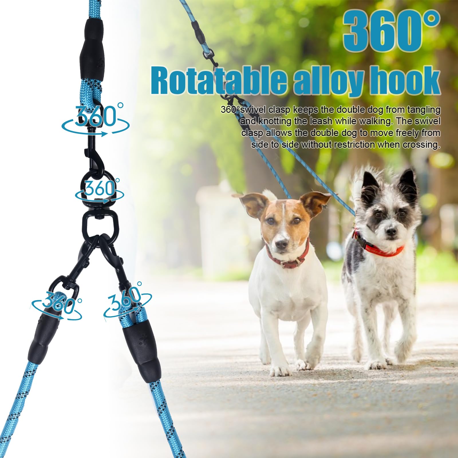 Exceptional 360 Anti-Tangle & No Pull Dual Dog Leash - Double Handle & Reflective For Small & Medium Dogs (Blue, 2 Way)