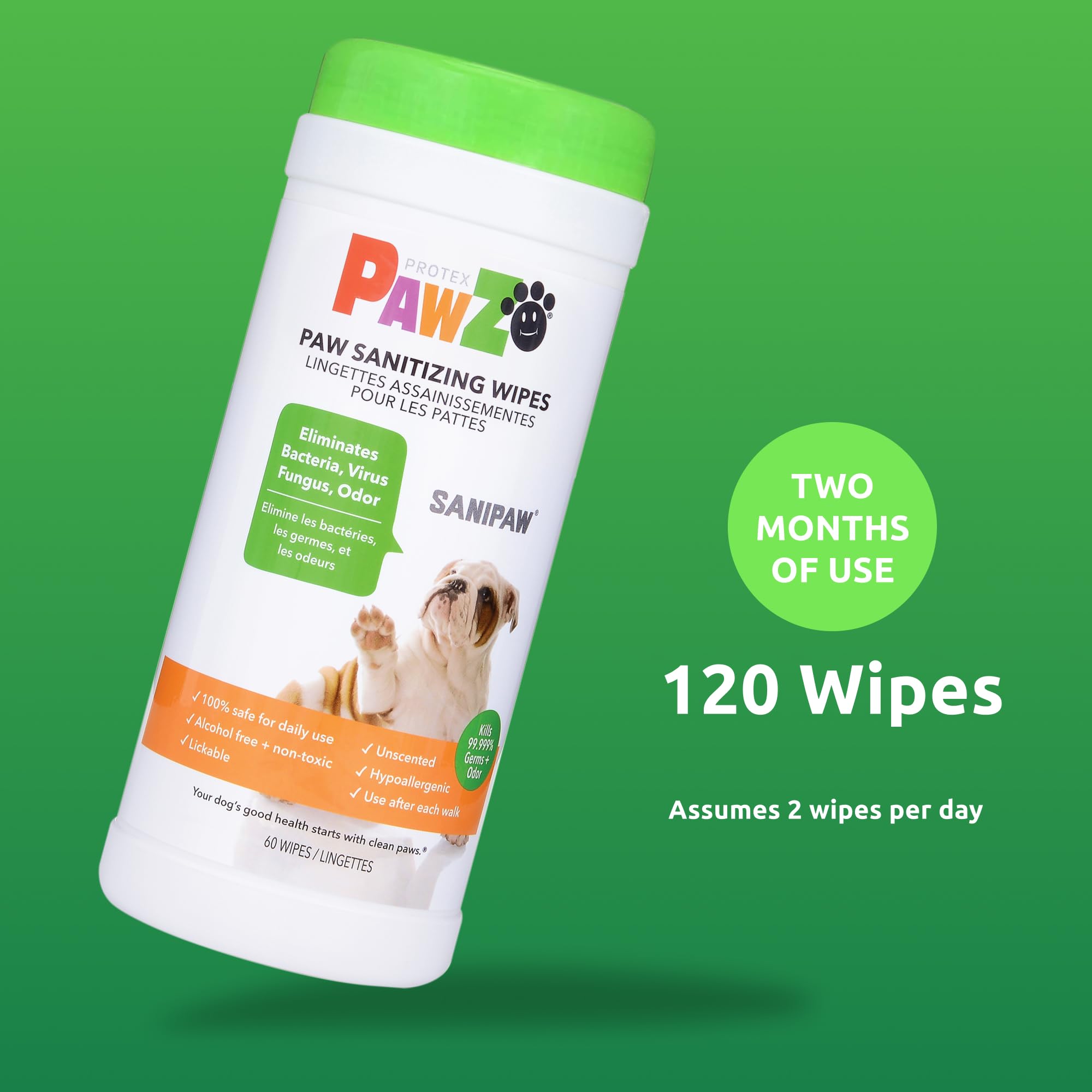 Protex Pawz Sanipaw Odor Eliminating Dog Paw Wipes (120 Wipes) Cleansing Dog Grooming Wipes, Simple & Safe Lickable Ingredients