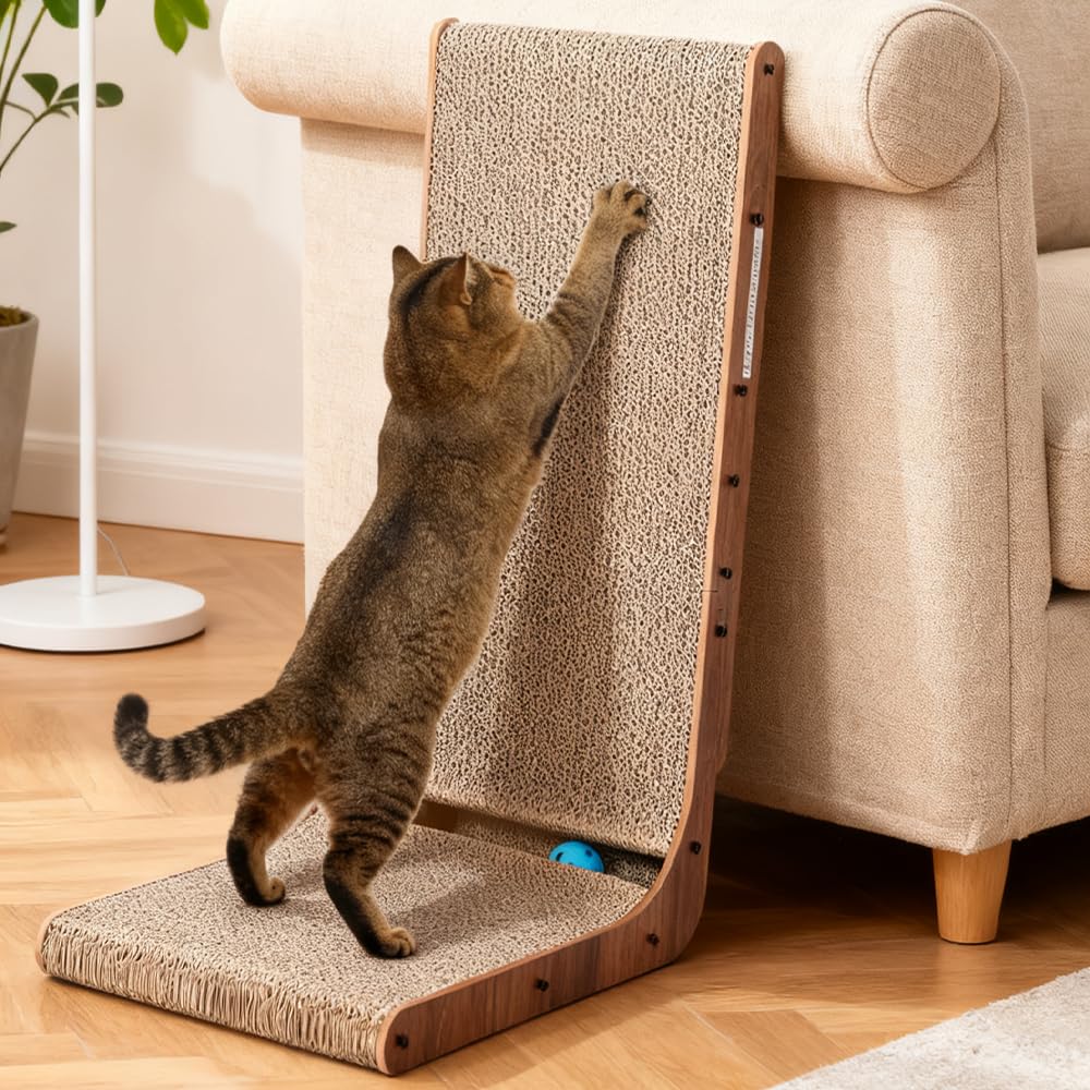 Simple Delxue Simple Deluxe Cardboard Cat Scratcher with Cat Toys Ball Track, 24 Inches L-Shaped Scratch Pad, Cardboard Lounge B