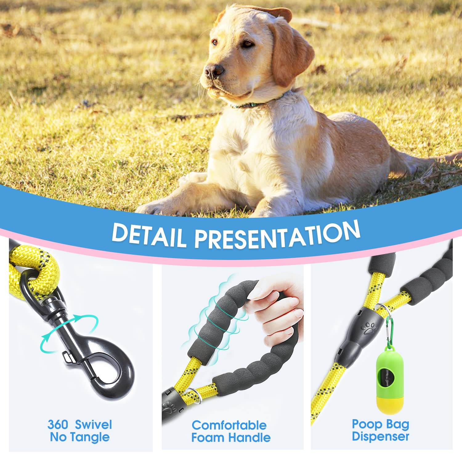 Baapet 2/4/5/6 Ft Dog Leash With Comfortable Padded Handle And Highly Reflective Threads For Small Medium And Large Dogs (6Ft-1/2'', Yellow)