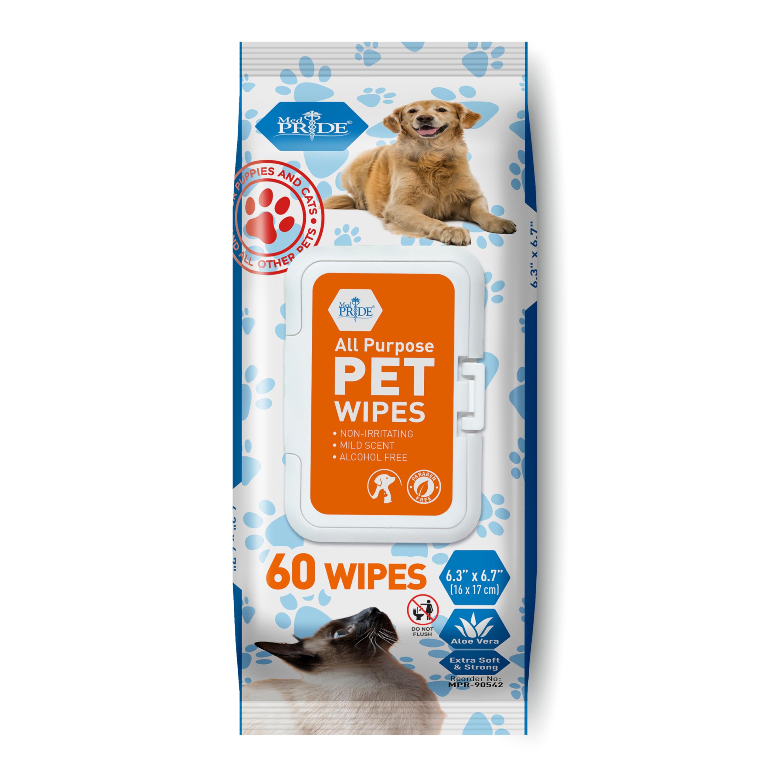 Med Pride Pet Wipes For Dogs & Cats [Pack Of 60]- Hypoallergenic Cleaning Deodorizing Dog Wipes With Aloe Vera- Alcohol And Para
