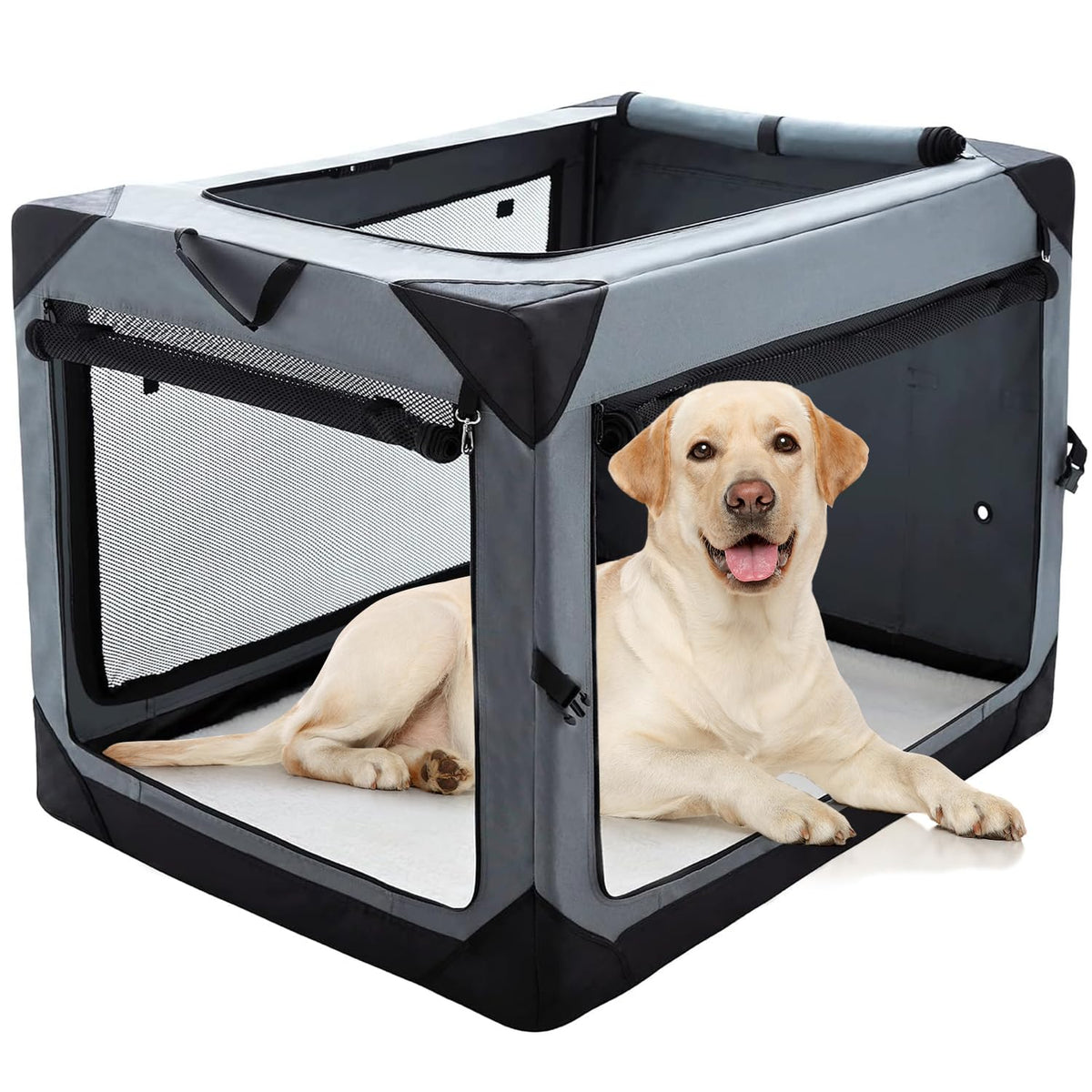 Pettycare 42 Inch Collapsible Dog Crate For Large Dogs, 4-Door Foldable Soft Dog Kennel With Chew Proof Mesh Windows, Indoor & Outdoor Travel Dog Crate, Soft Side Dog Crate