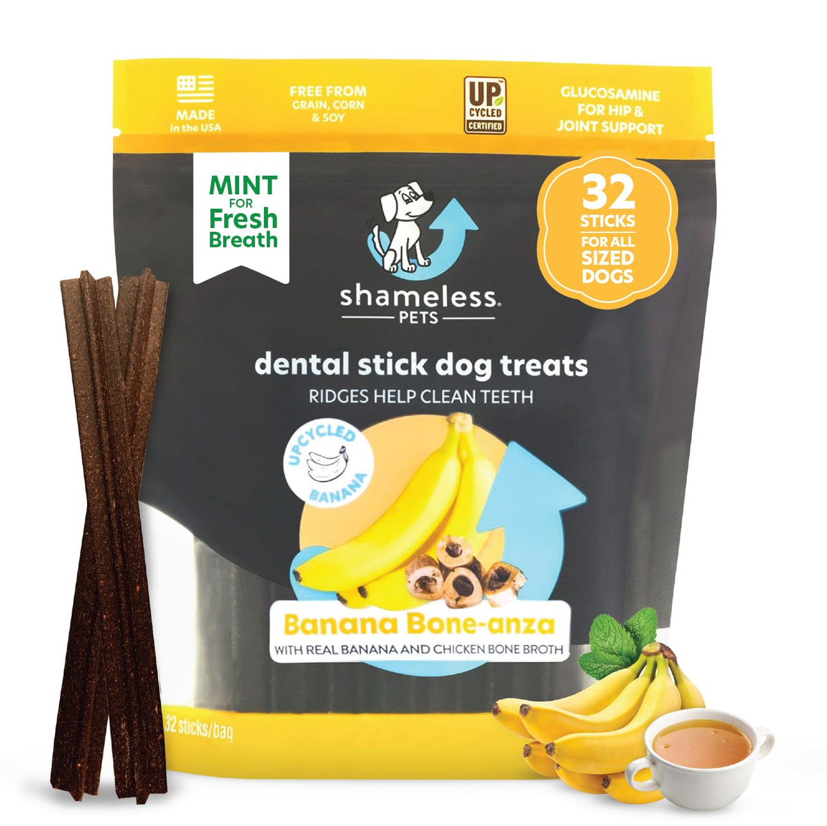 Shameless Pets Dental Treats For Dogs, Banana Bone-Anza (32 Sticks) - Dental Sticks With Hip & Joint Support For Teeth Cleaning & Fresh Breath - Dog Bones Dental Chews Free From Grain, Corn & Soy