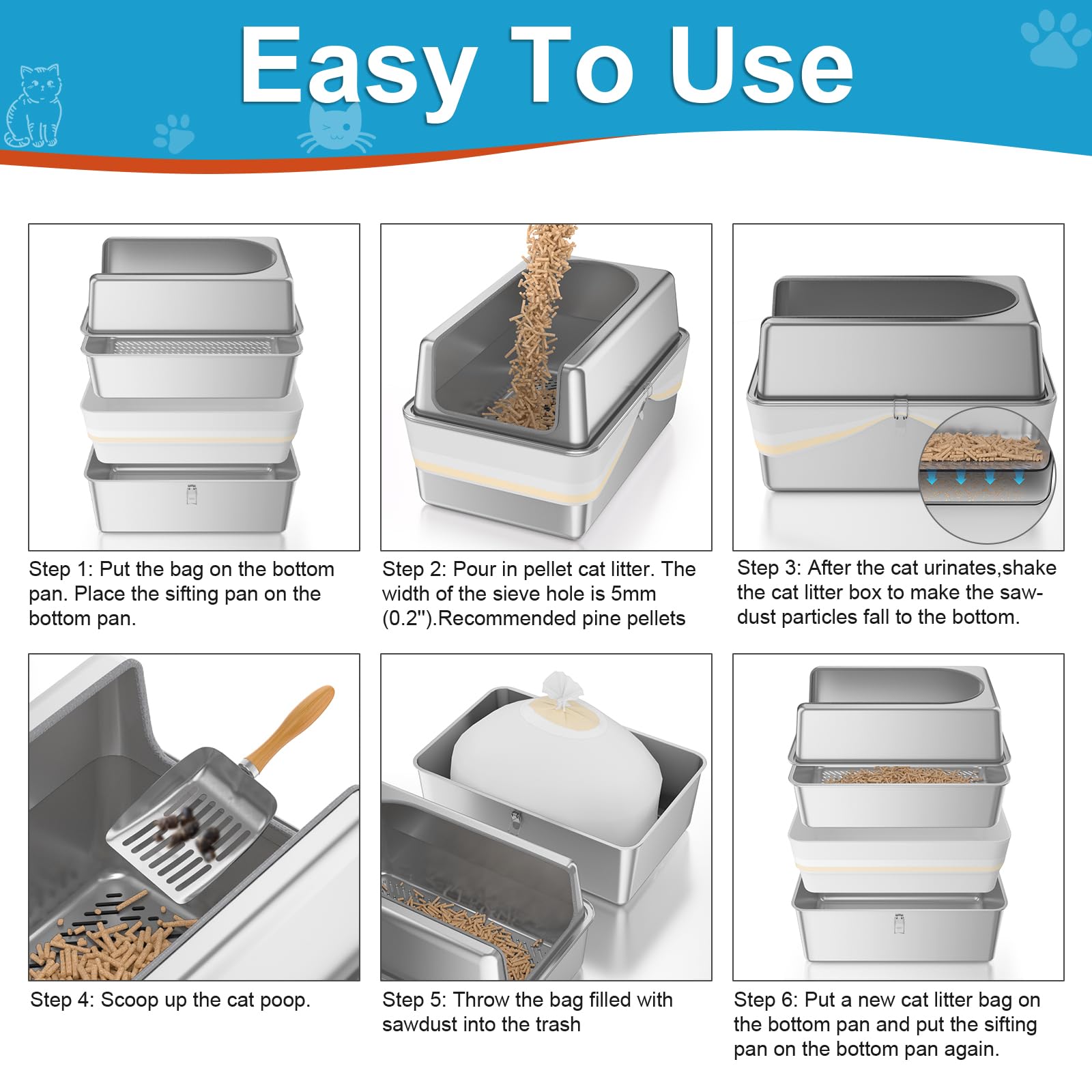 Xxl All Stainless Steel Sifting Litter Box With Lid,Sifting Cat Litter Box For Wood Pine Pellets,High Sides Sifter Litter Pan Sy