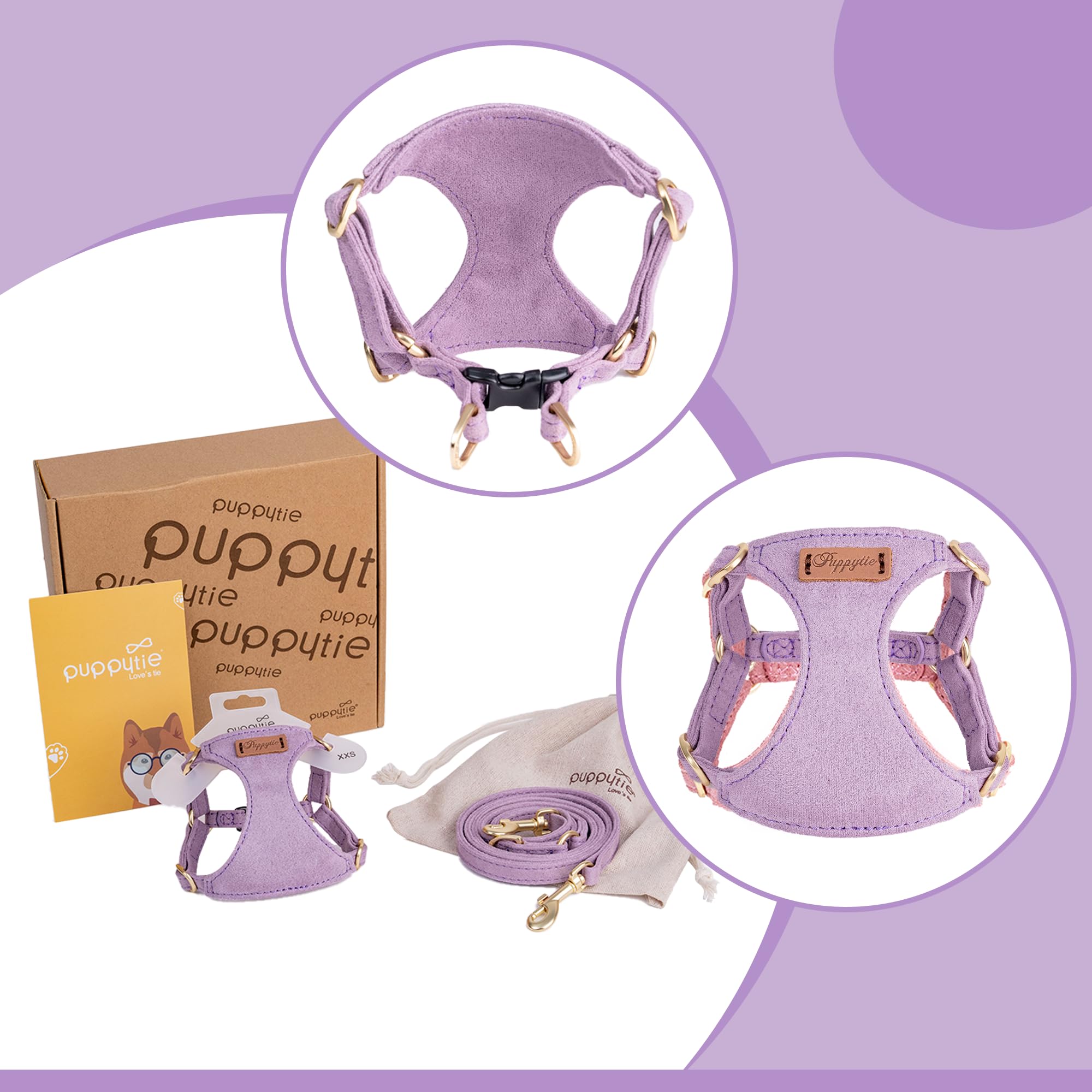 Puppytie No Pull Xs Dog Harness With Multifunction Dog Leash,Soft Adjustable No Choke Escape Proof Pet Harness Vest,Light Purple