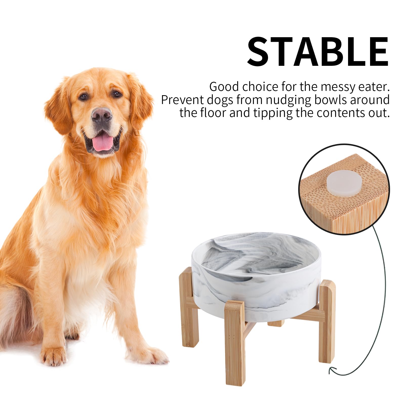 Addogyy Elevated/Raised Dog Bowl Ceramic with Wood Stand for Medium Large Breed,Dog Food Water Dish Heavy Wighted, 8 in Non Slip