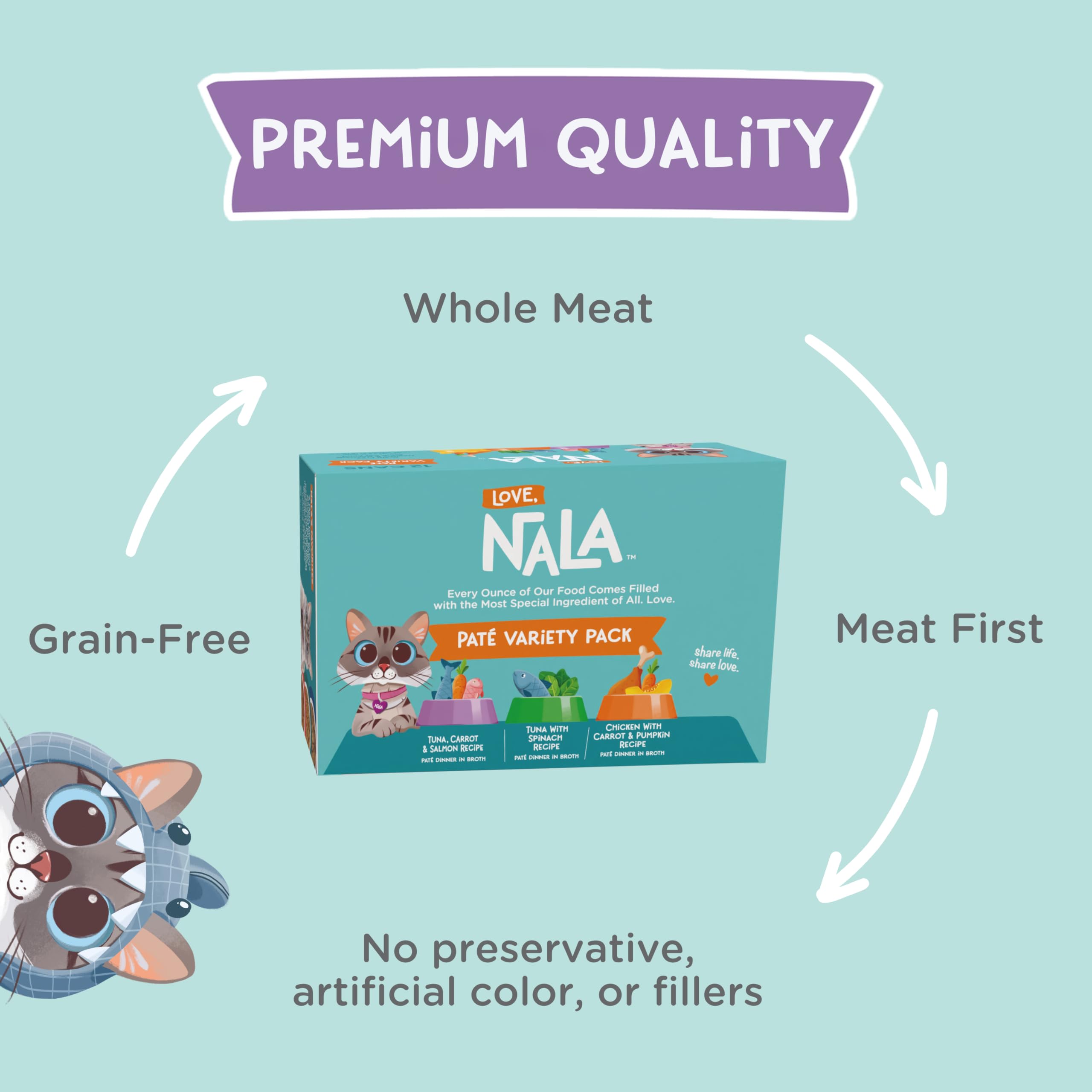 LOVE, NALA - Natural Adult Cat Wet Food - Pate Variety Pack - Tuna, Chicken, Mackerel - Grain Free, Non-GMO, Fiber Blend, Minera