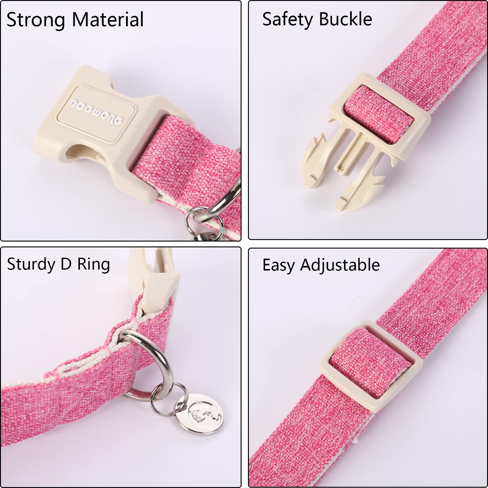 Dogwong Cotton Hemp Dog Collar - Heavy-Duty Pink Adjustable Soft Natural Fabric Pet Collar, Cute Wedding Puppy Necklace For Smal