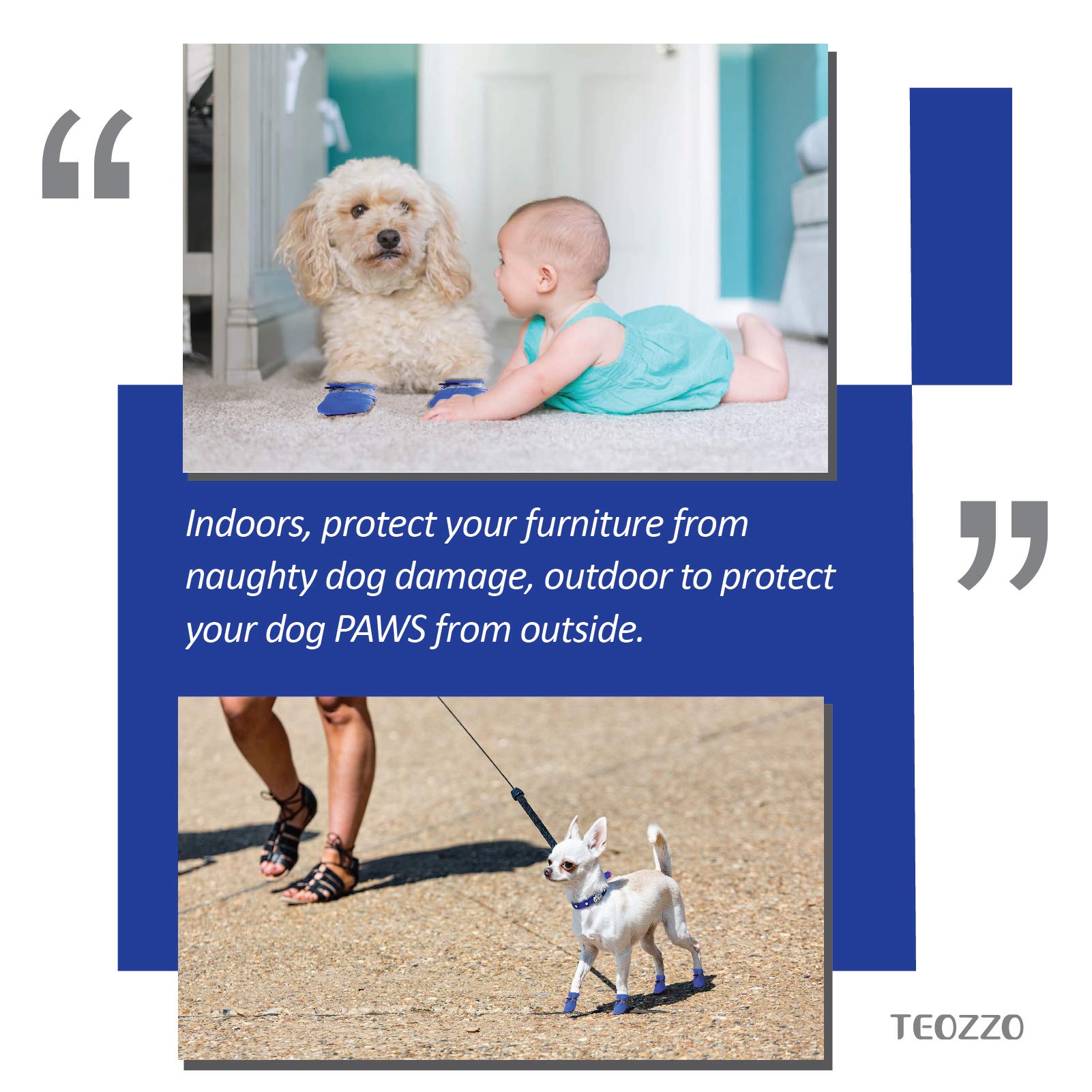 Teozzo Dog Boots & Paw Protector, Anti-Slip Sole Winter Snow Dog Booties With Reflective Straps Dog Shoes For Small Medium Dogs 4Pcs Blue 7