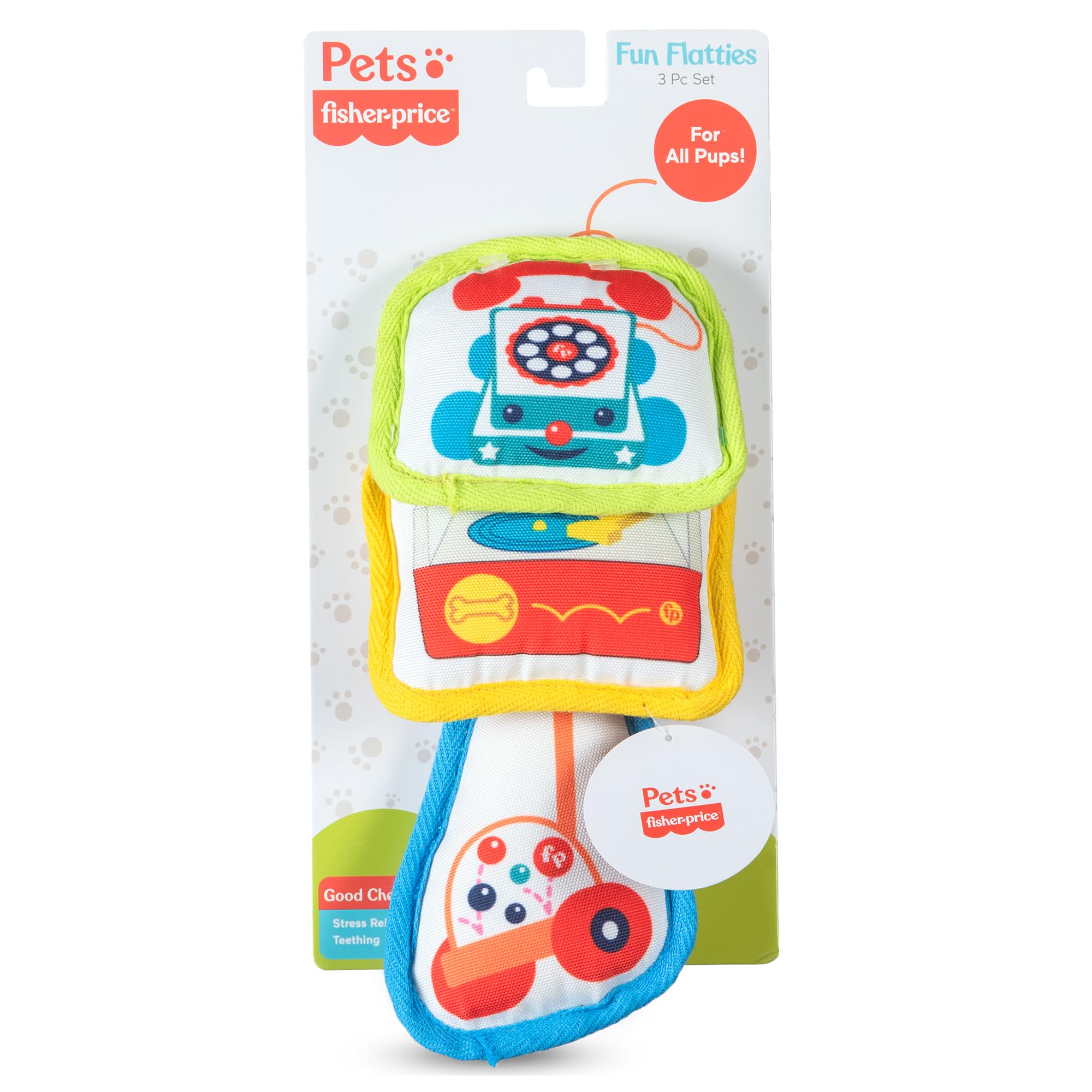 Fisher-Price for Pets 3 Piece Fun Flatties Toys for Dogs, Featuring Classic Toy Designs, with Squeaker and Crinkle Sounds, Devel