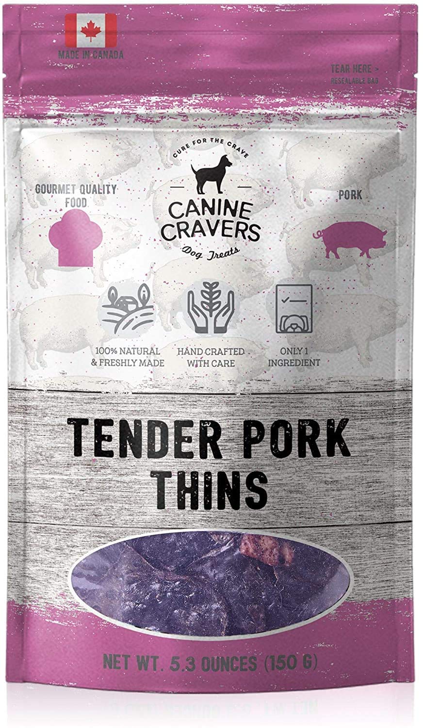 Canine Cravers Single Ingredient Dog Treats - Tender Pork Thins - Human Grade Air Dried Hypoallergenic Pet Food - Grain, Gluten, And Soy Free - 100% All Natural - 5.3 Oz