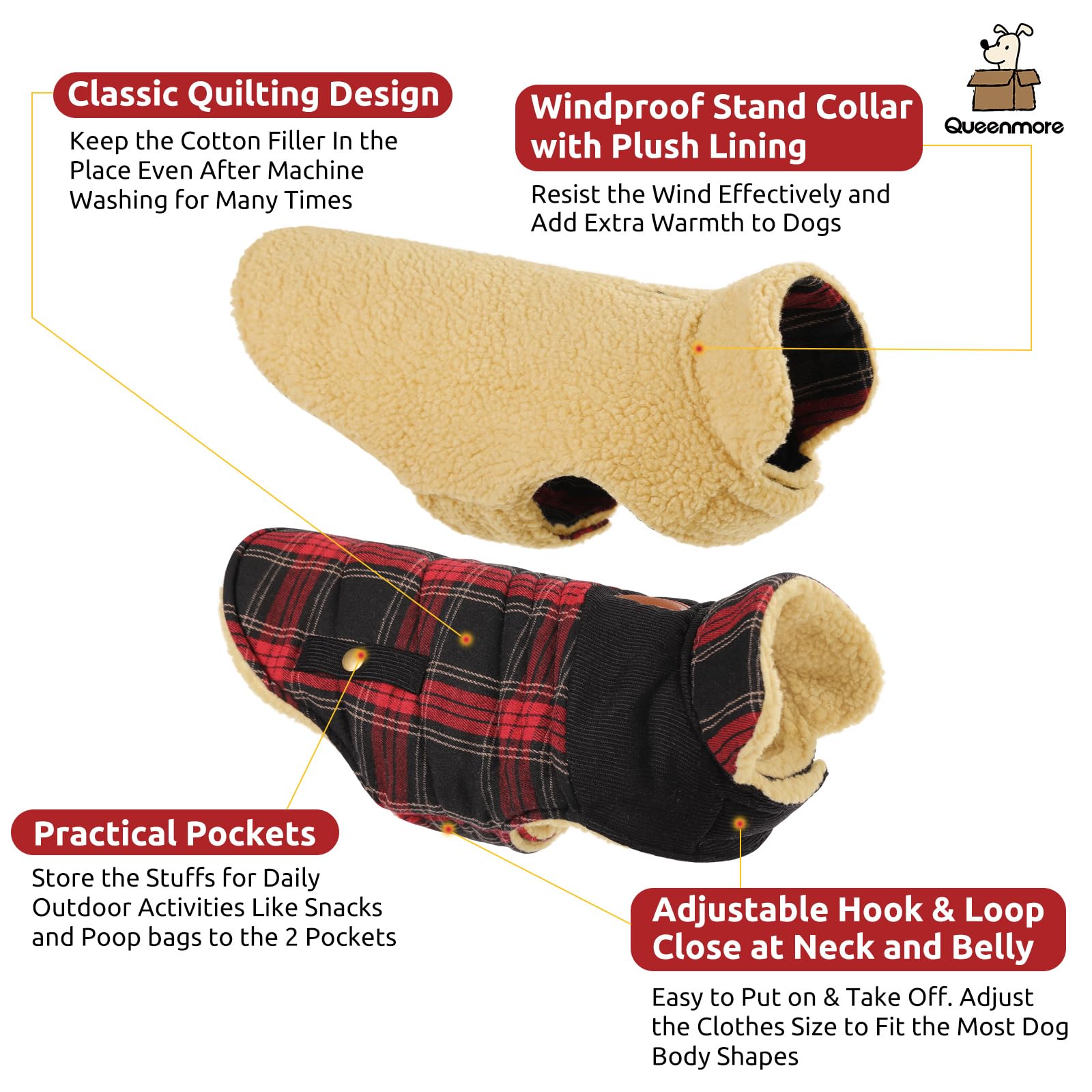 Queenmore Warm Dog Jacket For Cold Weather, Plaid Puffer Coat With Waterproofing, Fleece Padding, Leash Hole - Xs/Sm For Girl/Bo