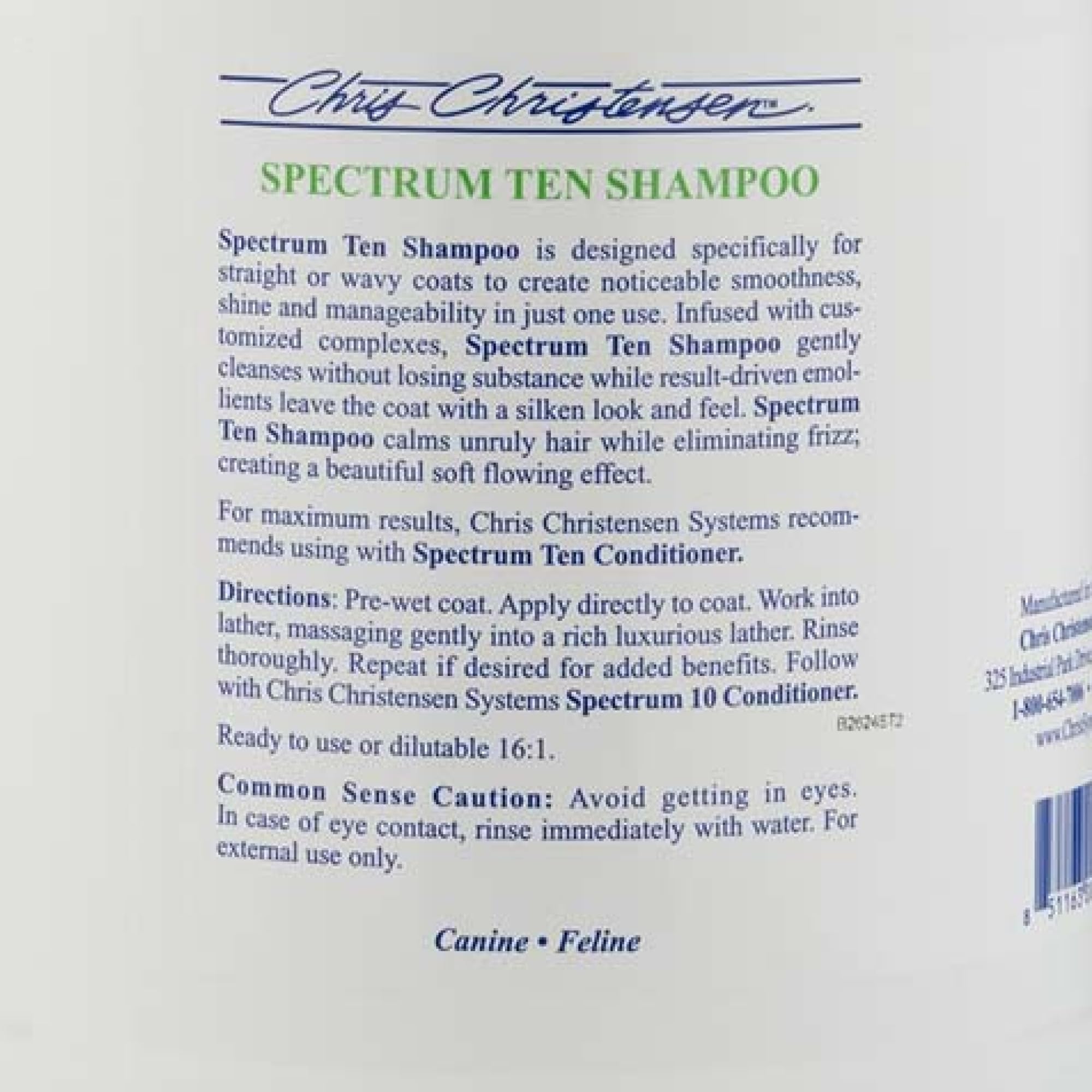 Chris Christensen Spectrum Ten Dog Shampoo, Groom Like A Professional, Gentle Cleansing, Gorgeous Shine, Made In Usa, 3.8L