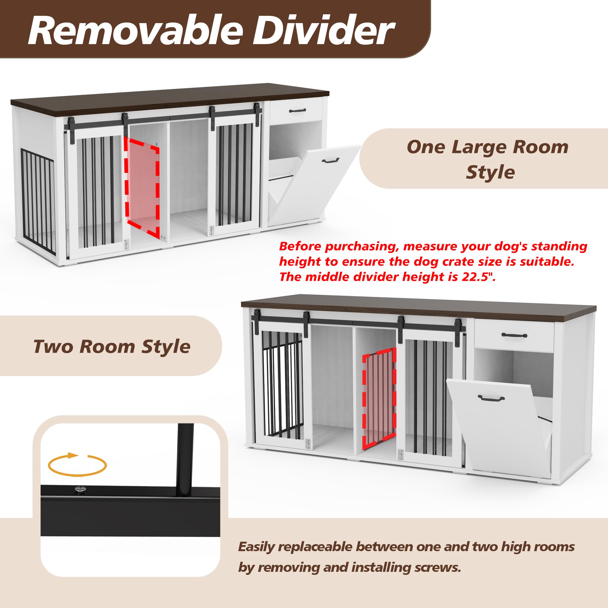 KIGOTY Furniture Style Dog Crate with Storage, 71 Inch Double Dog Crate for 2 Dogs, Wooden Large Dog Kennel with Drawers,Tilt Ou