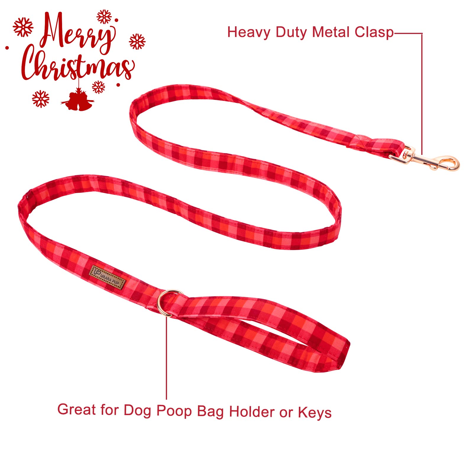 Up Urara Pup Dog Leash & Collar Set, Sturdy Durable Cotton, Red Plaid, Small To Large Dogs
