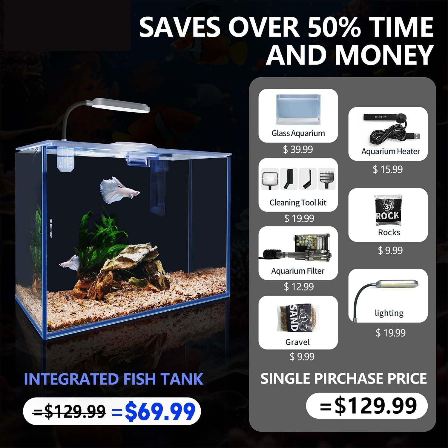Aquarium Desktop Set 2.6 Gallon Small Fish Tank, Ultra Clear Glass Self Cleaning Filter Bright Light Heater Rocks Gravel Cleanin