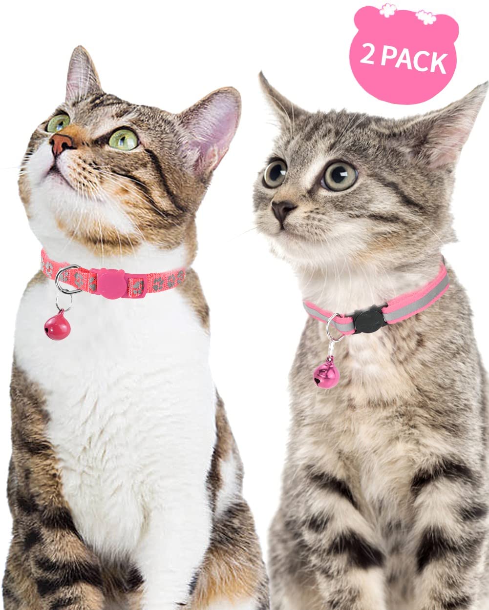 Taglory Reflective Cat Collars Breakaway With Bell, 2-Pack Girl Boy Pet Kitten Collar Adjustable 7.5-12.5 Inch, Pink
