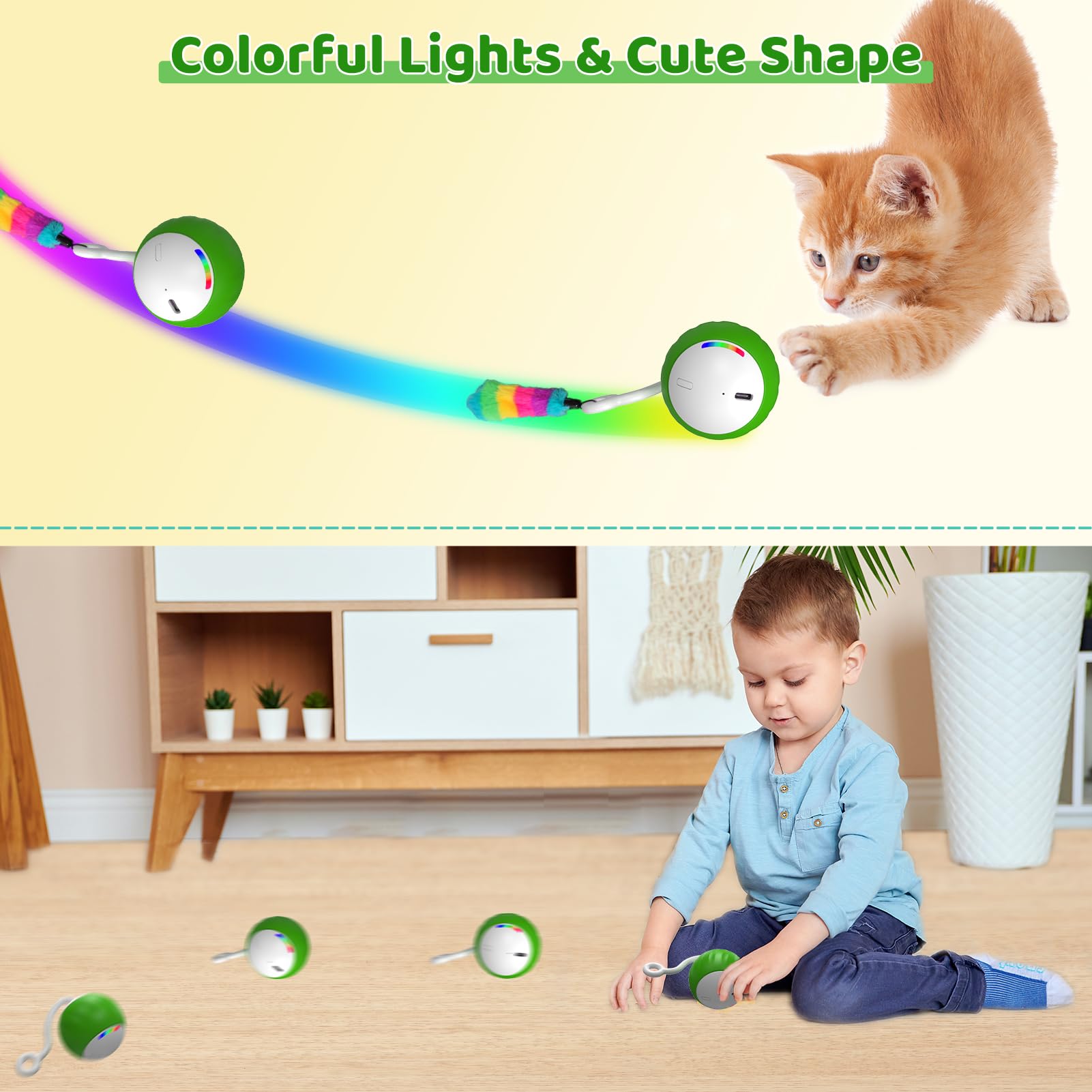 Wakhjakt Interactive Cat Toys For Indoor Cats, Diy 5 In 1 Automatic Moving Cat Ball Toys/Puppies Toys With Led Rainbow Lights, S