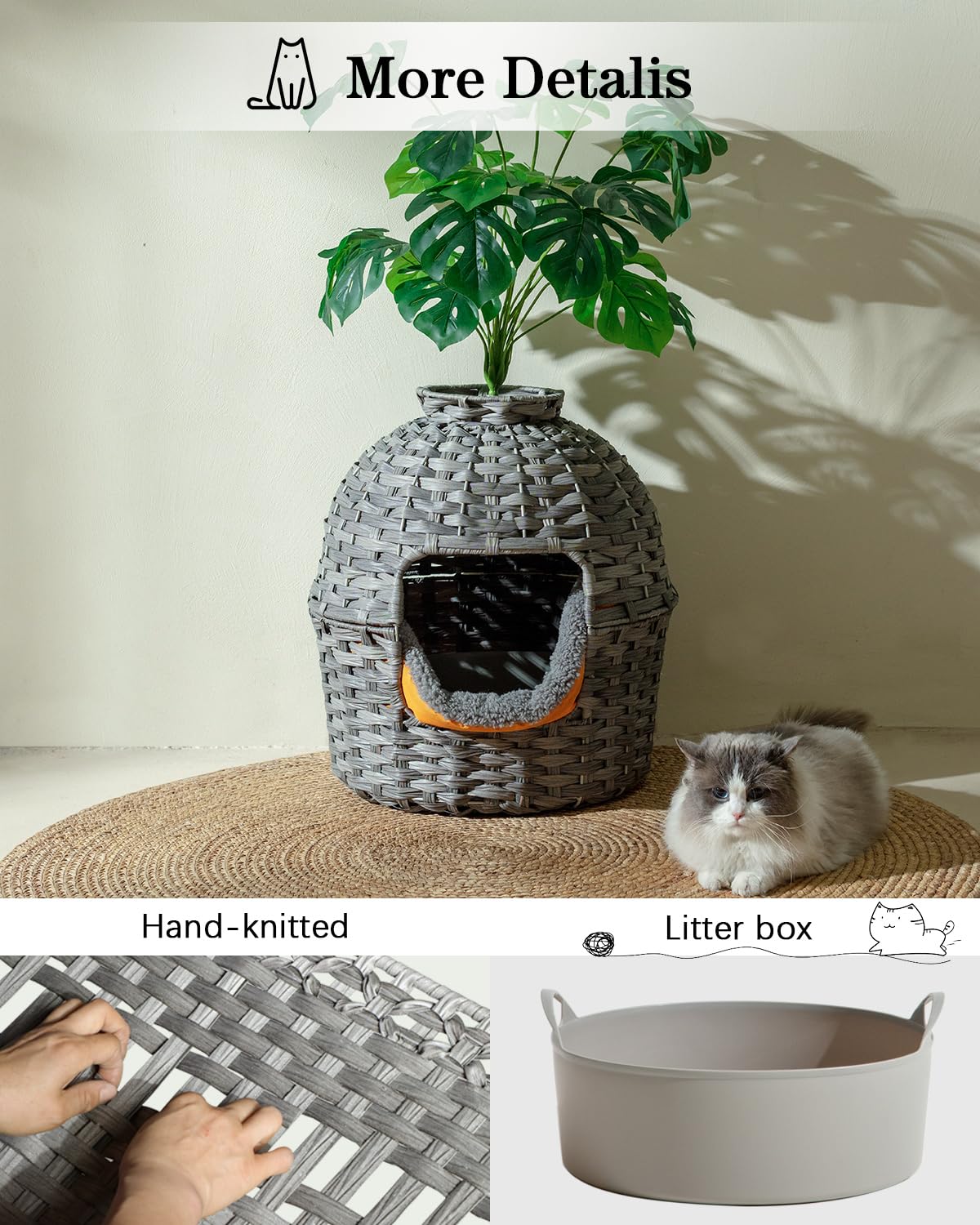 Setvson Cat Litter Box Plant Furniture Hidden Cat Litter Box With Artificial Plants, Handwoven Rattan Cat Litter Box Enclosure W