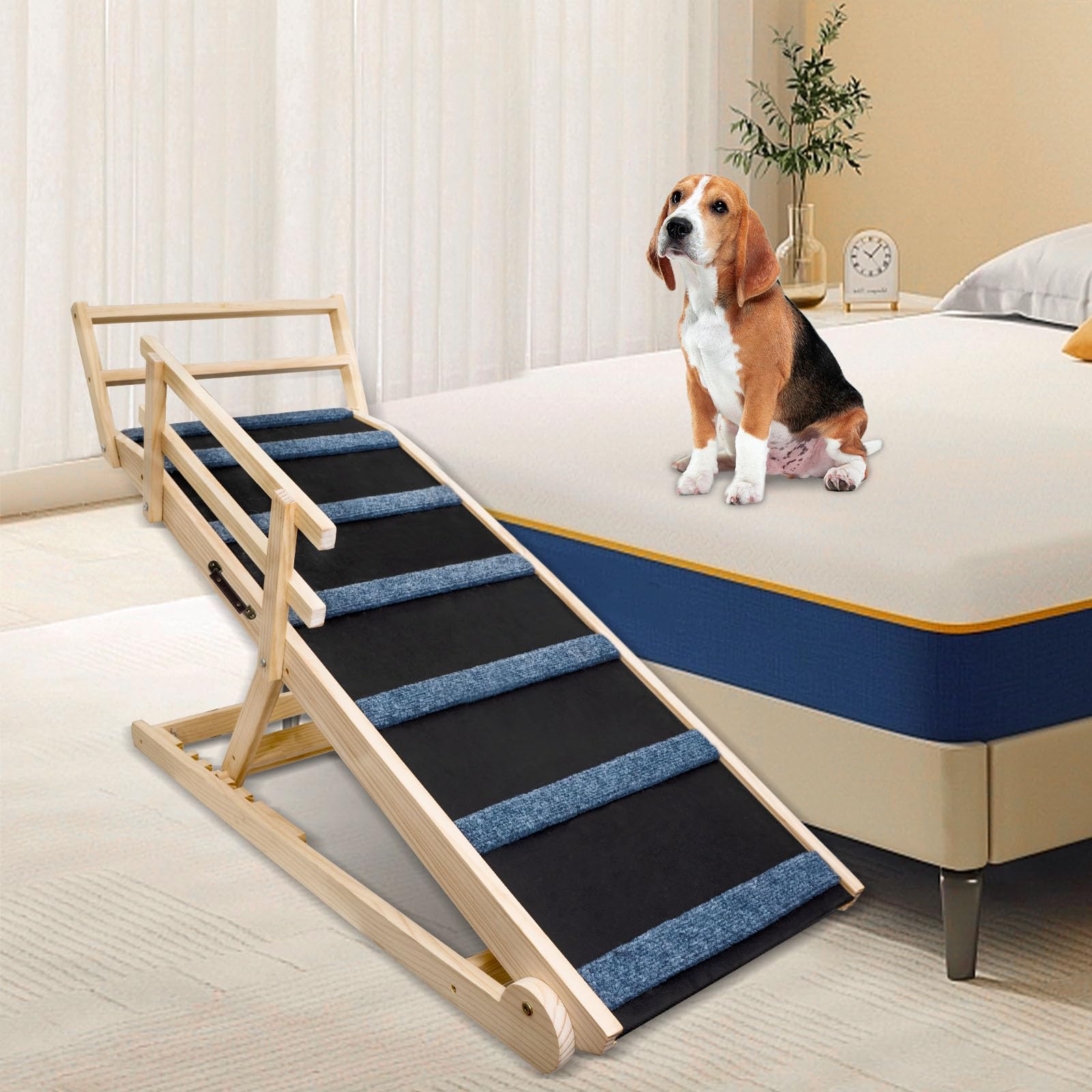 Wooden Dog Ramp For Bed - 5 Level Adjustable Wooden Ramp For Dog Extra Wide Doulbe Anti-Slip Pet Ramp With Rails