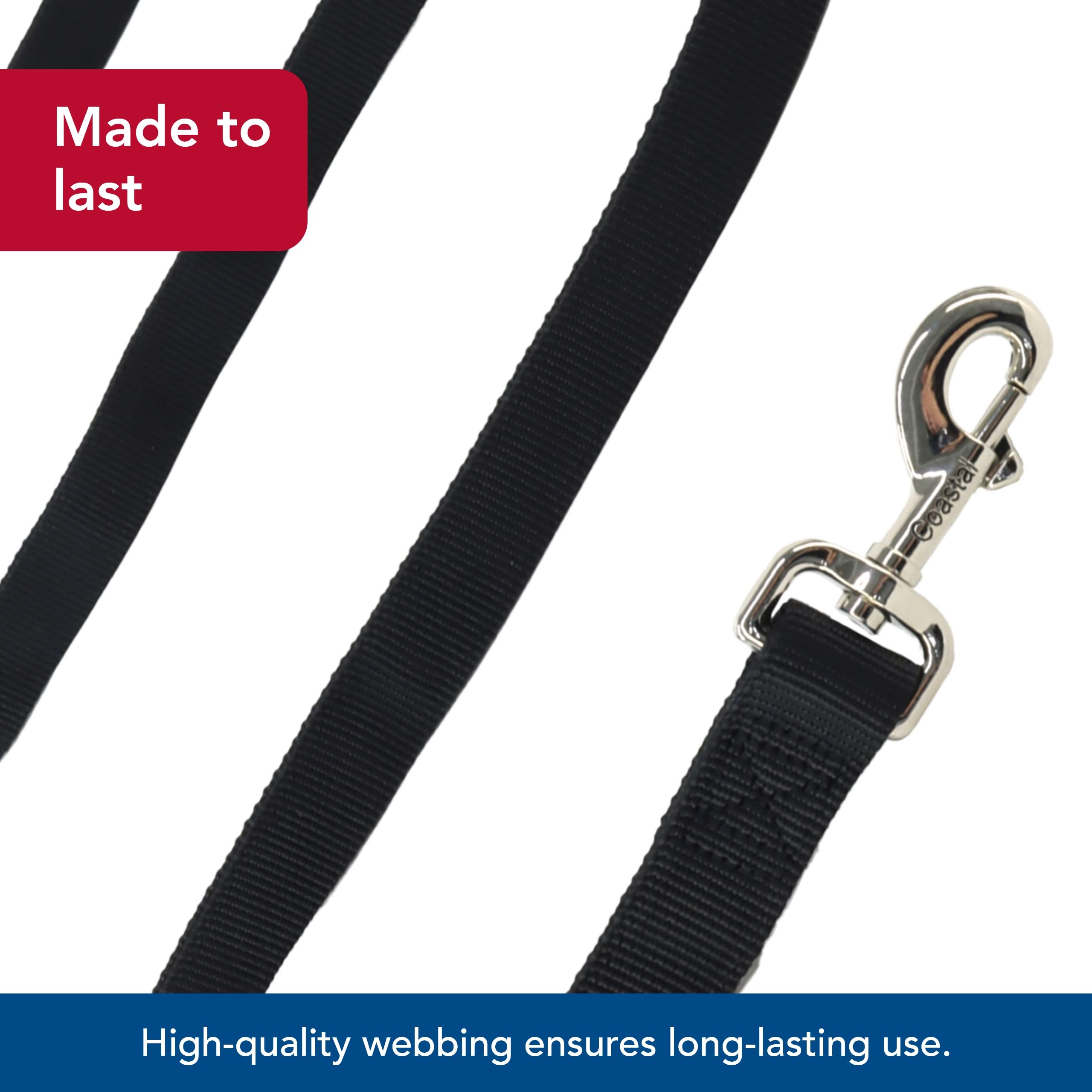 Coastal Pet Double-Ply Dog Leash - Bolt Snap Attachment To Collars And Harnesses - Nylon Dog Walking Leash For Small, Medium And Large Dogs - Black - 1' X 6'