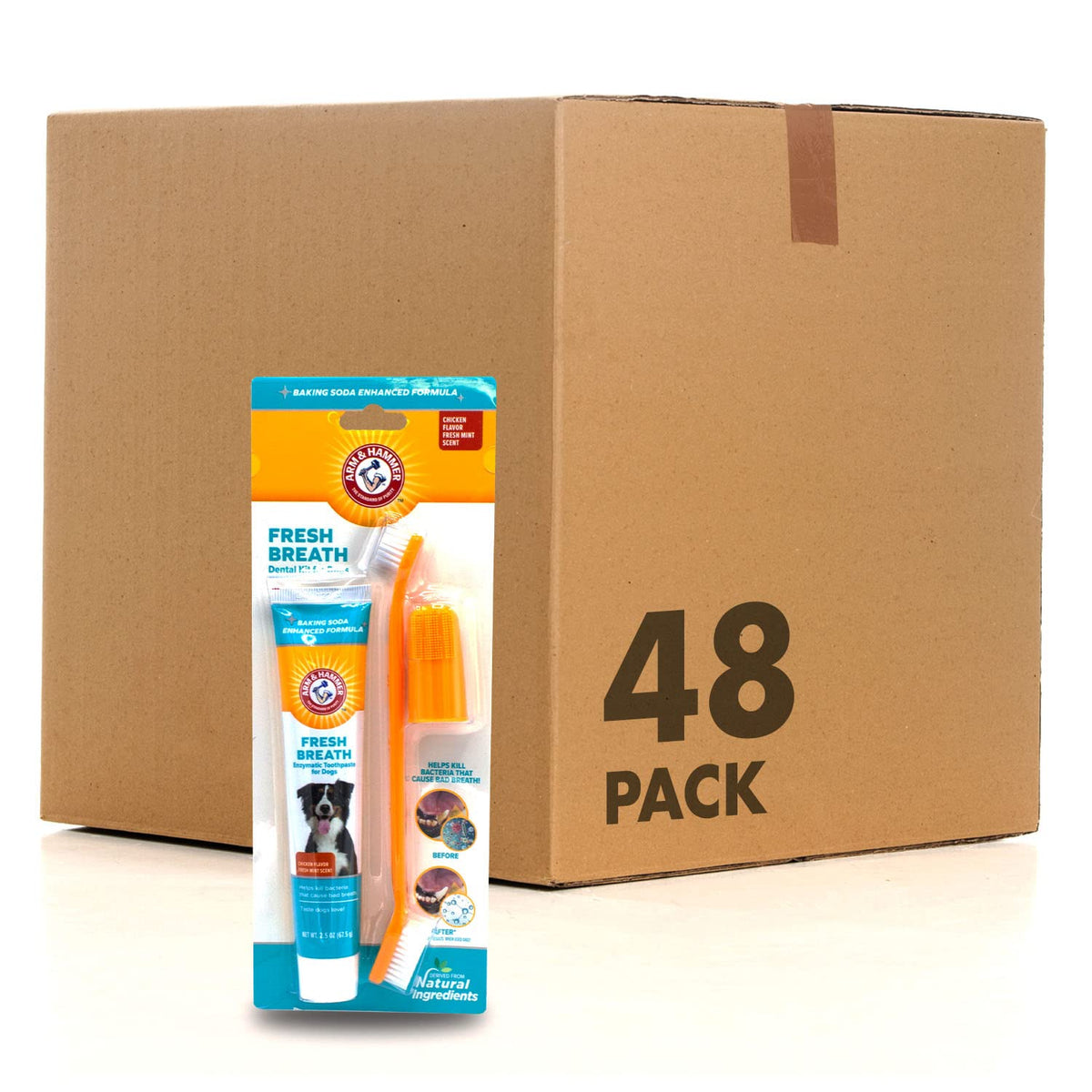 Arm & Hammer For Pets Fresh Breath Kit For Dogs | Contains Toothpaste, Toothbrush & Fingerbrush | Reduces Plaque & Tartar Buildup | Safe For Puppies, 3-Piece Kit, Chicken Flavor | 48 Pack