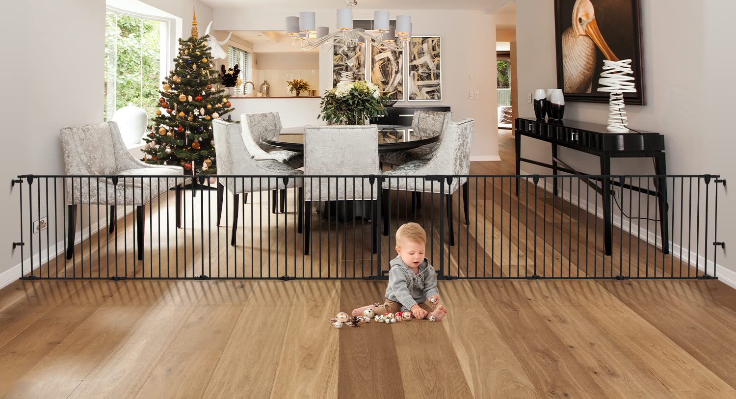 Kfvigoho Baby Gate 35'-198' Extra-Wide Gate For Stairs, Play Yard Child Safety Gate, Dog-Gate With Auto-Close Door, Double Locking System For Fireplace, Kitchen, Foldable 8 Steel Panels, 29' Height