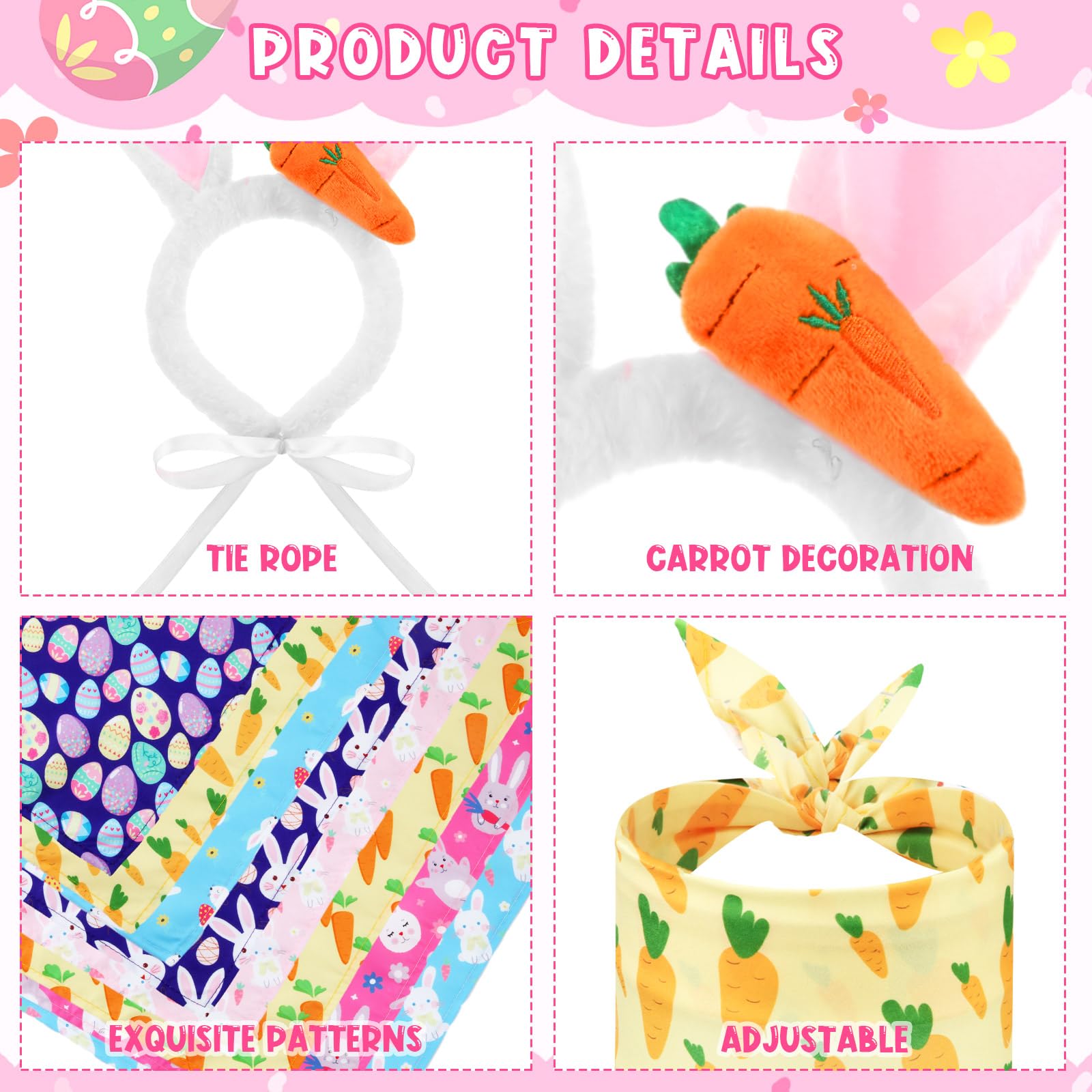 Siltriangle 16 Pack Dog Easter Outfit Including 8 Bunny Ears Headband And 8 Easter Dog Bandana Four Colors Bunny Ears Pet Bandan
