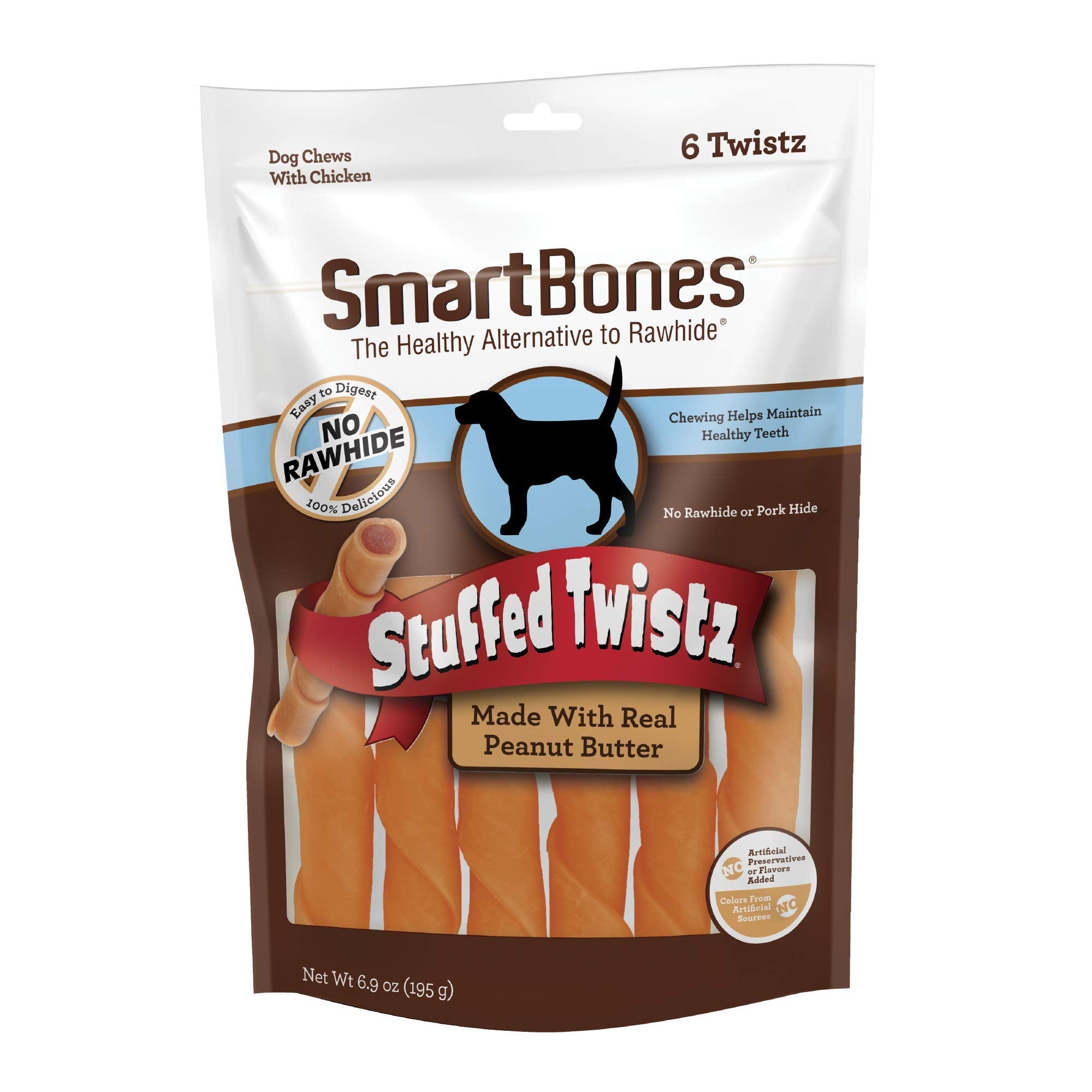 Smartbones Stuffed Twistz with Peanut Butter 6 Count, Rawhide-Free Chews for Dogs, No Artificial Preservatives or Flavors Added 