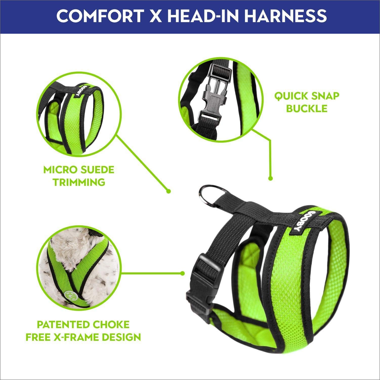 Gooby Comfort X Head In Harness - Green, Large - No Pull Small Dog Harness, Patented Choke-Free X Frame - Perfect On The Go Dog