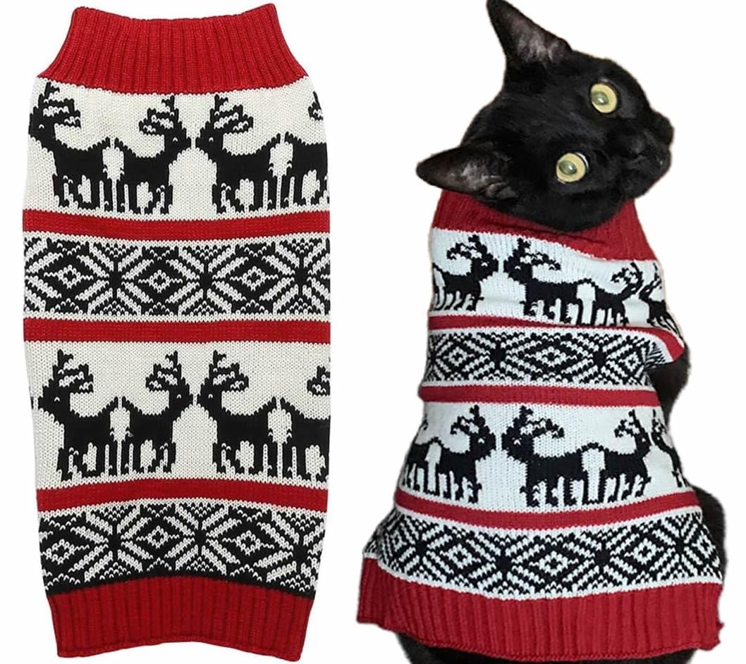 Lanyarco Ugly Cat Christmas Sweater, Vintage Knit Xmas Reindeer Holiday Festive Christmas Dog Sweater For Puppy Small Dogs, X-Sm