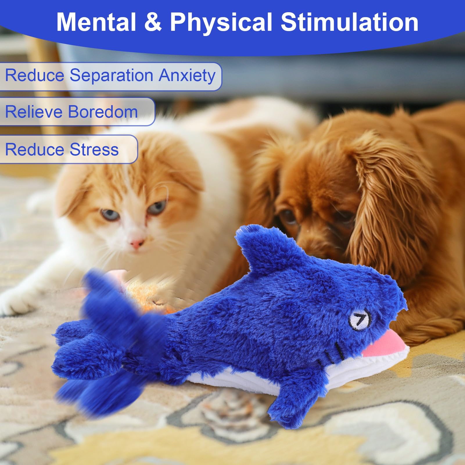 Mity Rain 2 In 1 Interactive Dog Toys, Shark Dog Toy To Keep Them Busy, Plush Squeaky Dog Toys, Rechargeable Wiggly Fish Blue Do